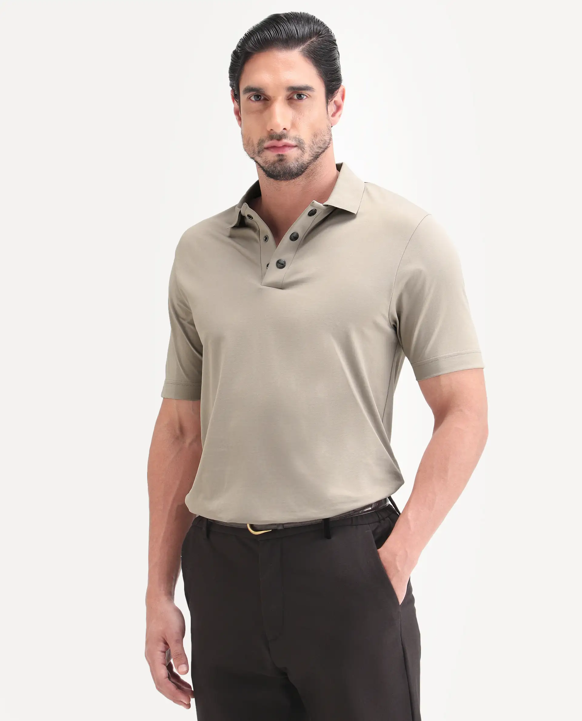 Rare Rabbit Men's Tang-S26 Dusky Beige Cotton Blend Fabric Half Sleeve Spread Collar Regular Fit Plain Polo - Image 6