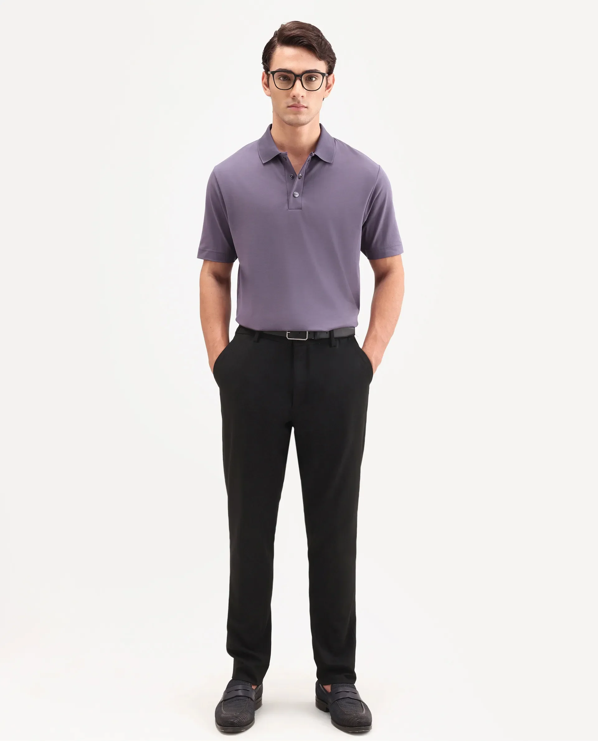 Rare Rabbit Men's Tang-S26 Dusky Purple Cotton Blend Fabric Half Sleeve Spread Collar Regular Fit Plain Polo - Image 2