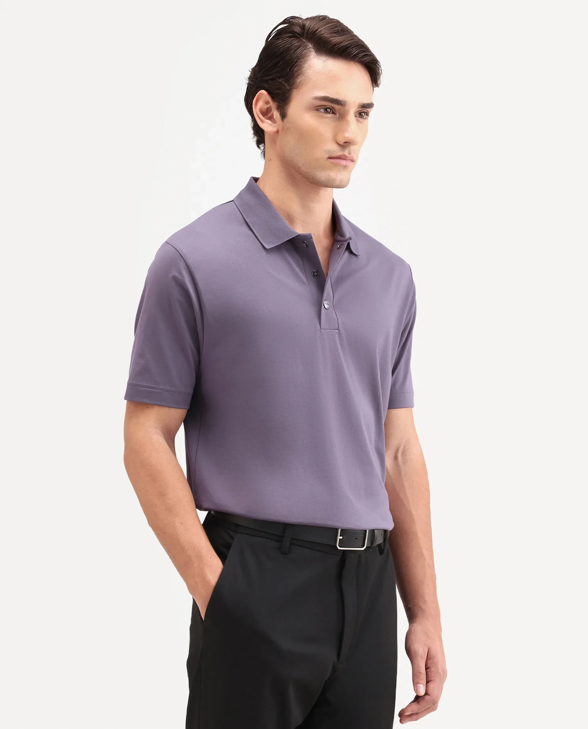 Rare Rabbit Men's Tang-S26 Dusky Purple Cotton Blend Fabric Half Sleeve Spread Collar Regular Fit Plain Polo - Image 4