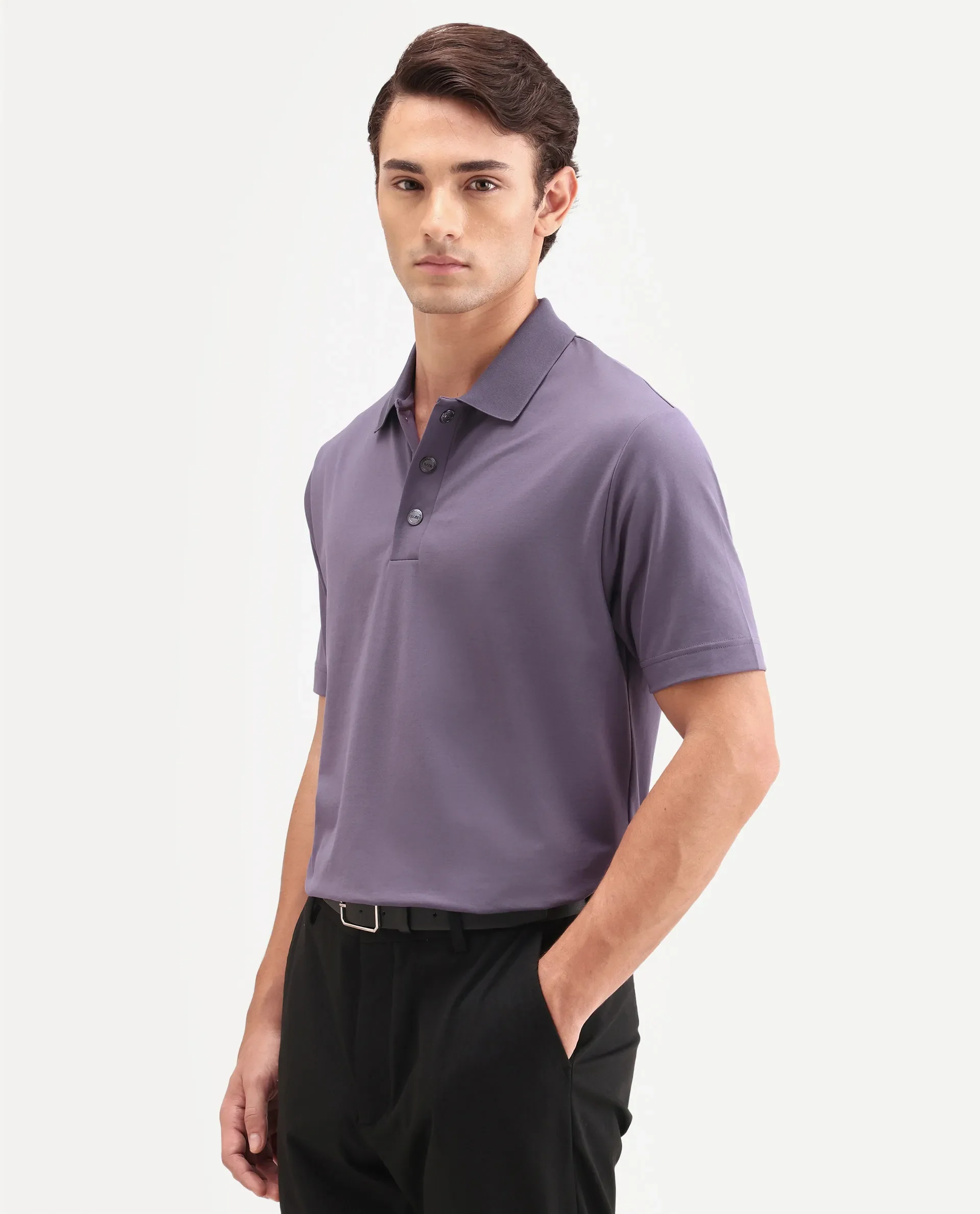 Rare Rabbit Men's Tang-S26 Dusky Purple Cotton Blend Fabric Half Sleeve Spread Collar Regular Fit Plain Polo - Image 5
