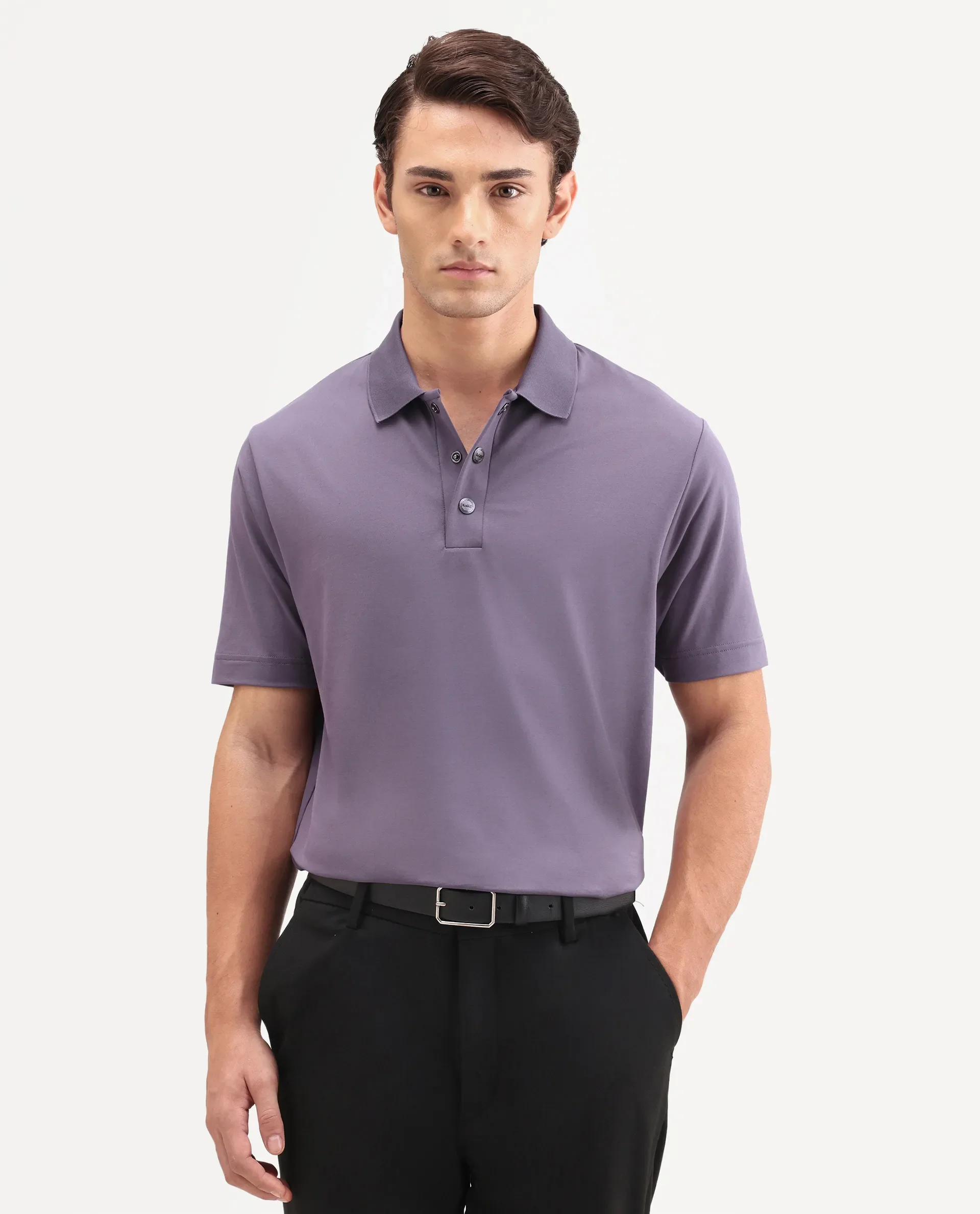 Rare Rabbit Men's Tang-S26 Dusky Purple Cotton Blend Fabric Half Sleeve Spread Collar Regular Fit Plain Polo - Image 6