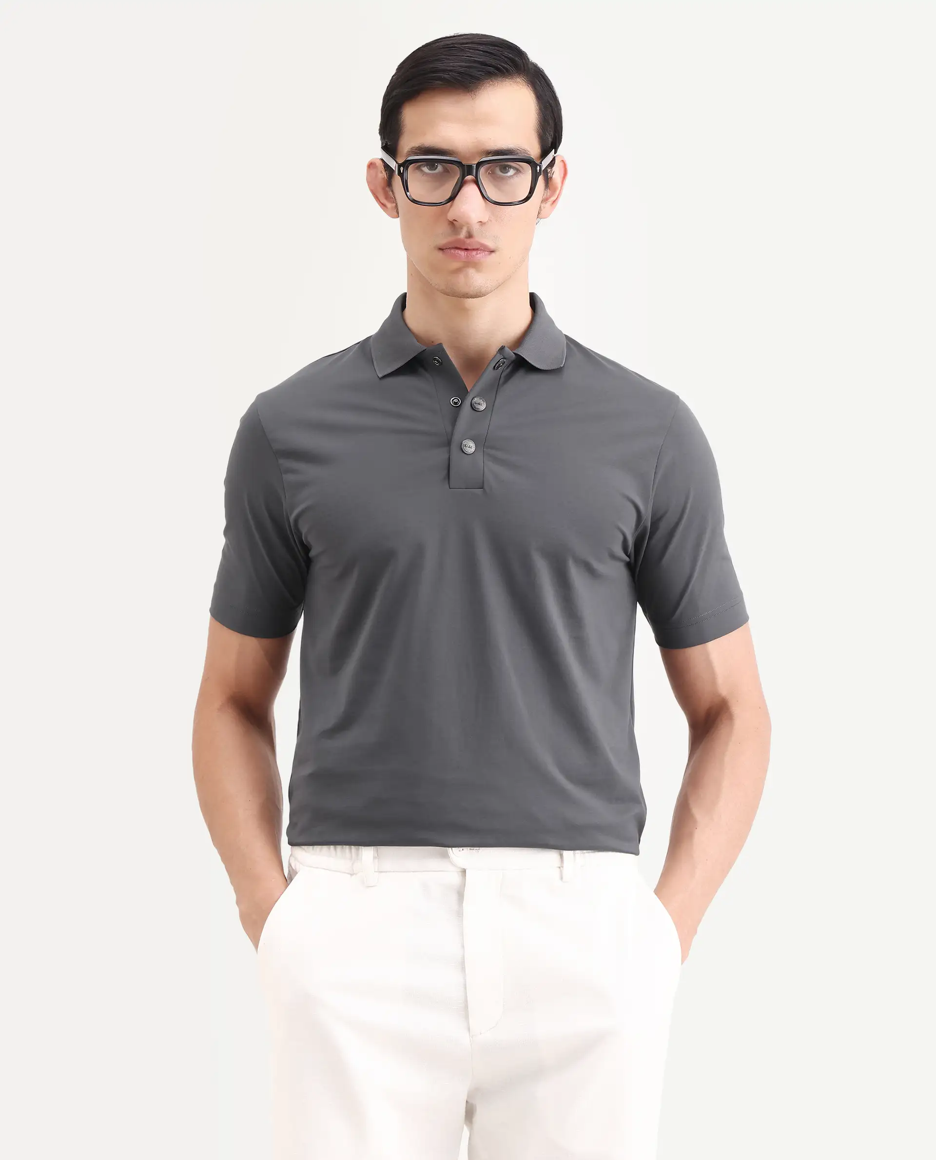 Rare Rabbit Men's Tang-S26 Grey Cotton Blend Fabric Half Sleeve Spread Collar Regular Fit Plain Polo