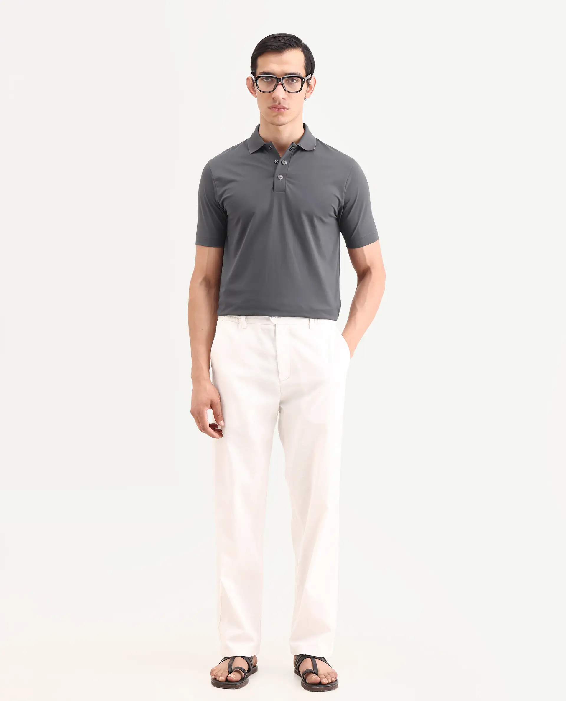 Rare Rabbit Men's Tang-S26 Grey Cotton Blend Fabric Half Sleeve Spread Collar Regular Fit Plain Polo - Image 2