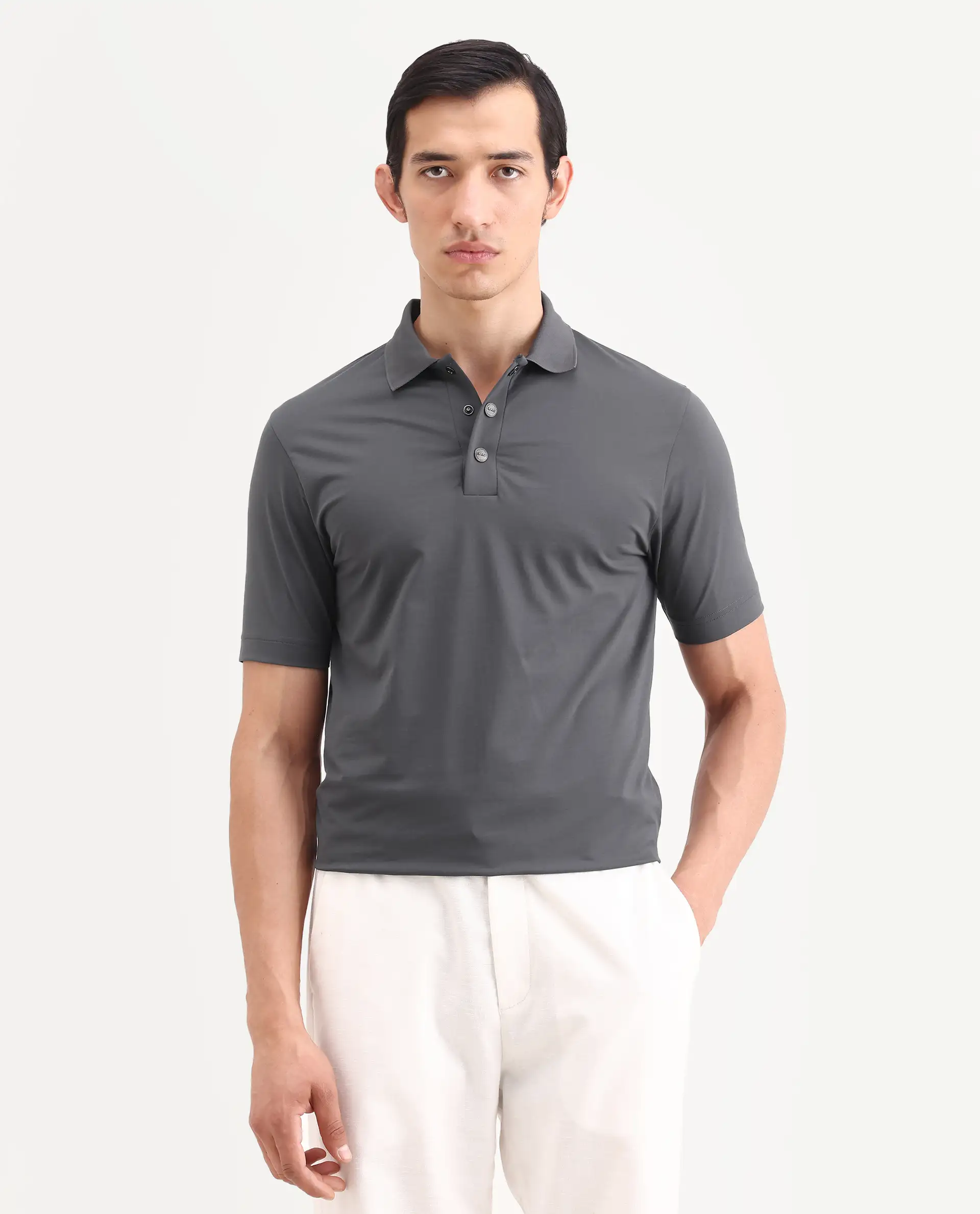 Rare Rabbit Men's Tang-S26 Grey Cotton Blend Fabric Half Sleeve Spread Collar Regular Fit Plain Polo - Image 4