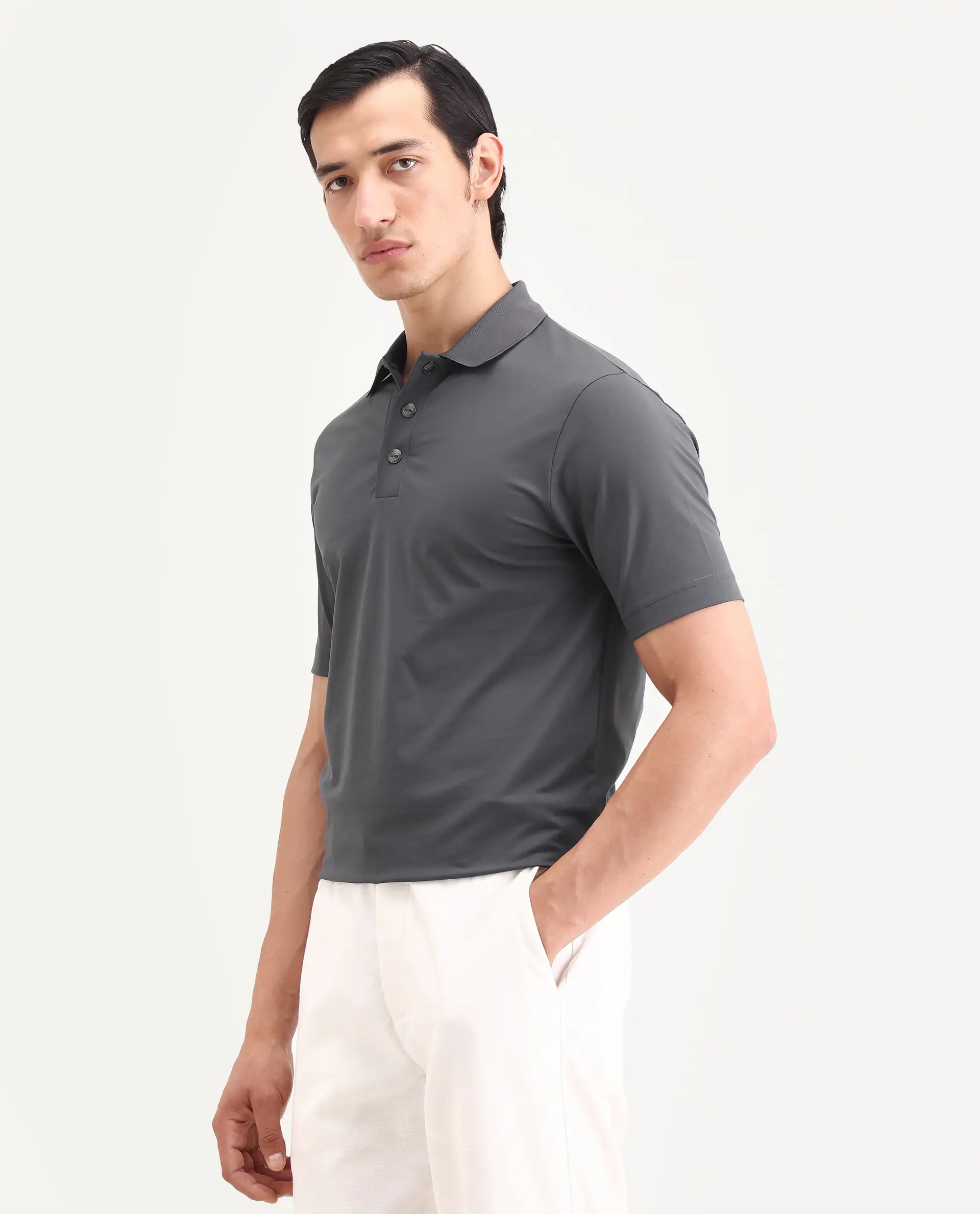 Rare Rabbit Men's Tang-S26 Grey Cotton Blend Fabric Half Sleeve Spread Collar Regular Fit Plain Polo - Image 5