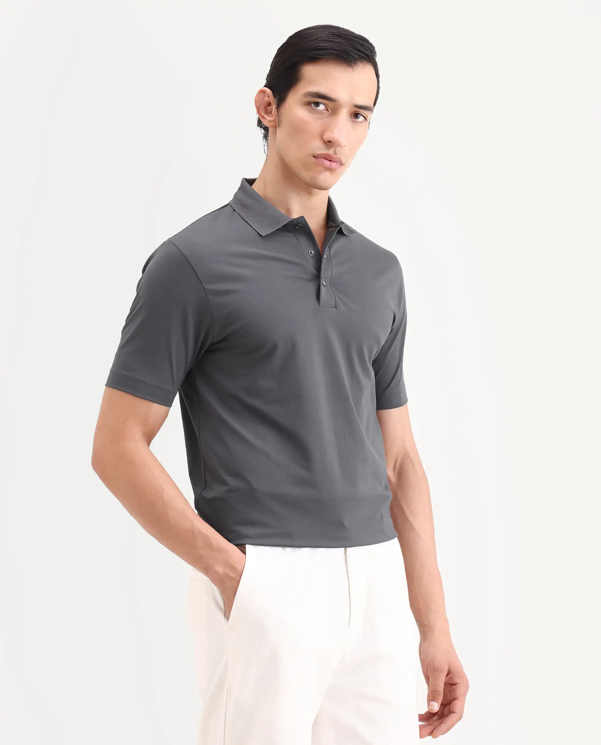 Rare Rabbit Men's Tang-S26 Grey Cotton Blend Fabric Half Sleeve Spread Collar Regular Fit Plain Polo - Image 6
