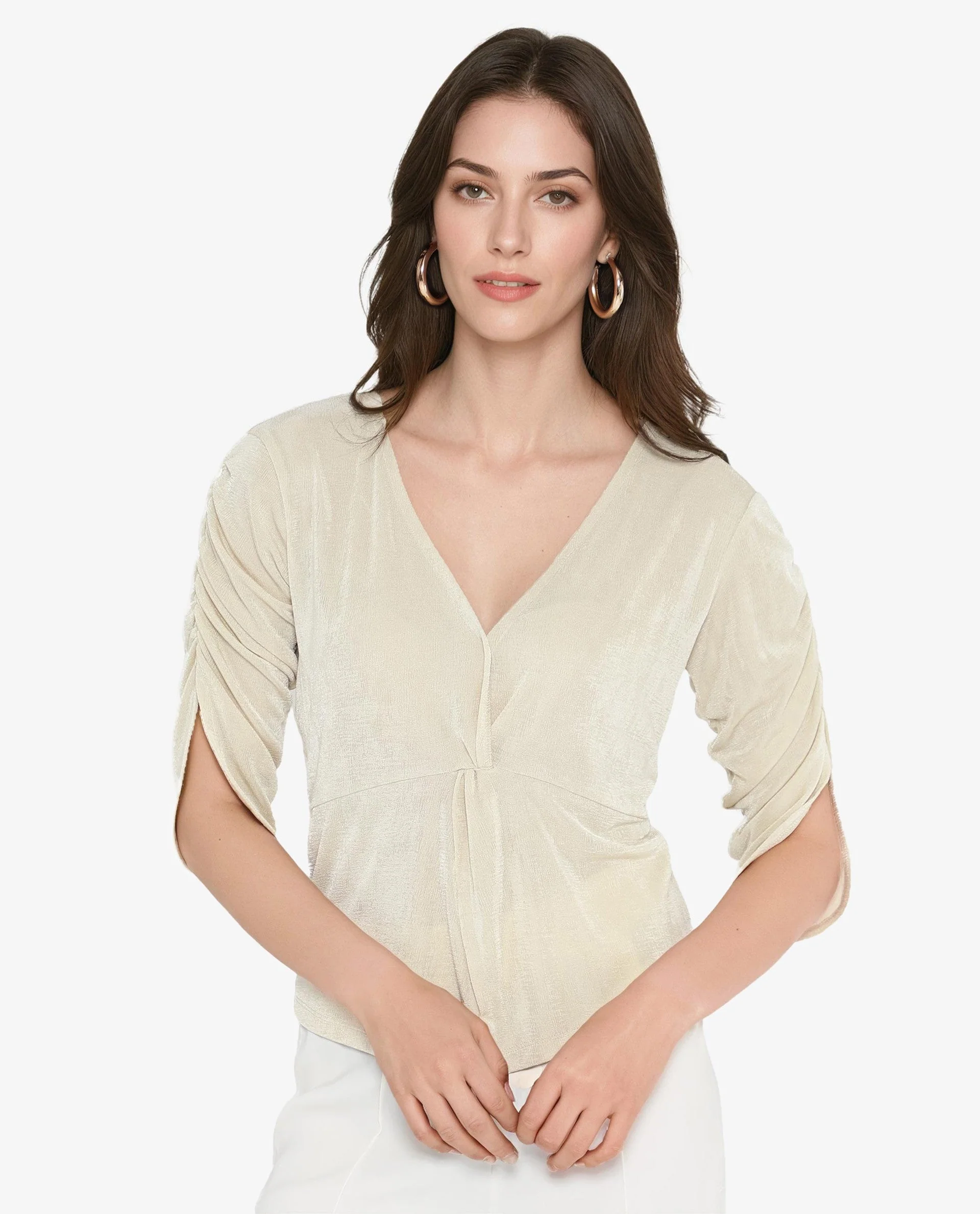 Rareism Women's Tangiren Light Beige Polyester V-Neck Plain Gathered Sleeve Regular Fit Top - Image 2