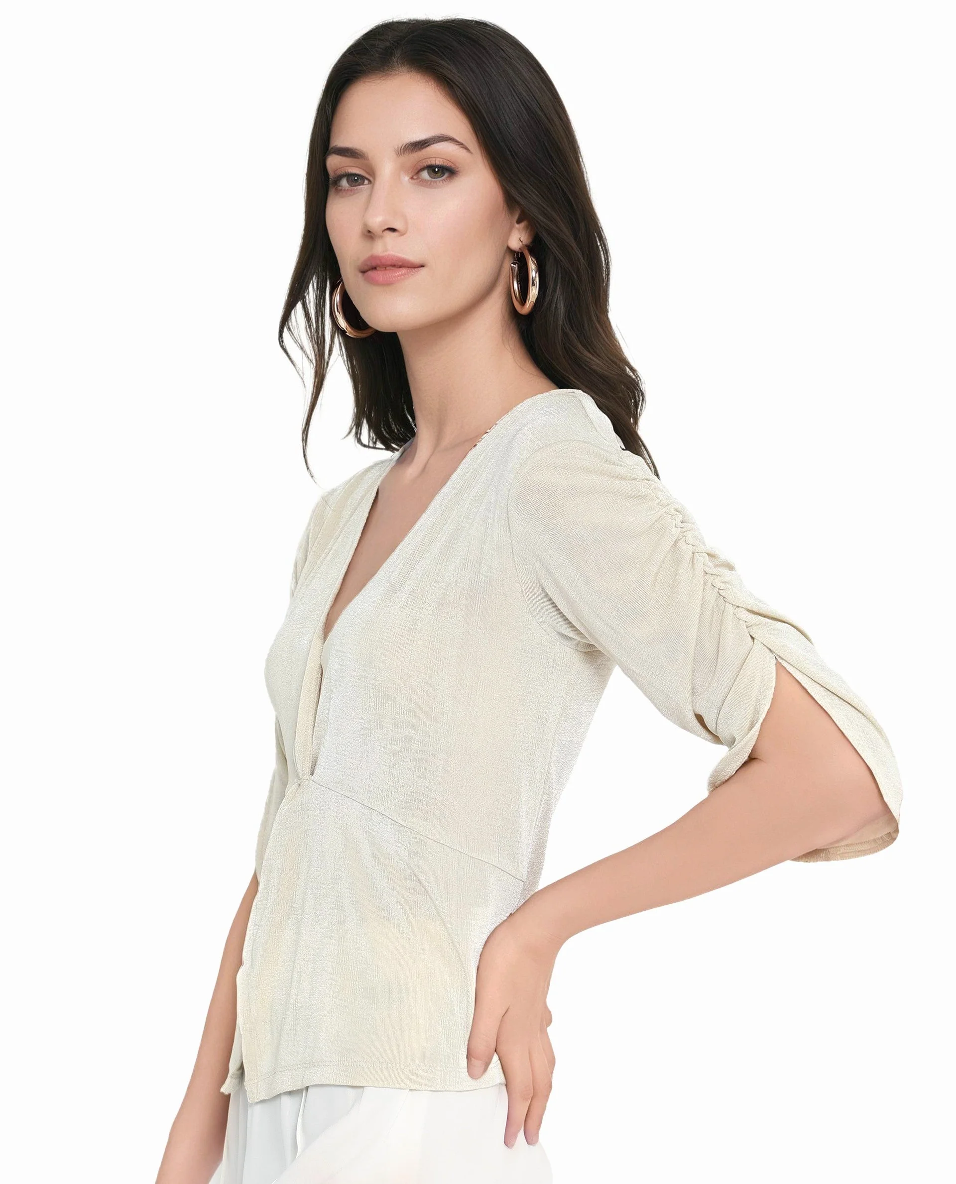 Rareism Women's Tangiren Light Beige Polyester V-Neck Plain Gathered Sleeve Regular Fit Top - Image 3