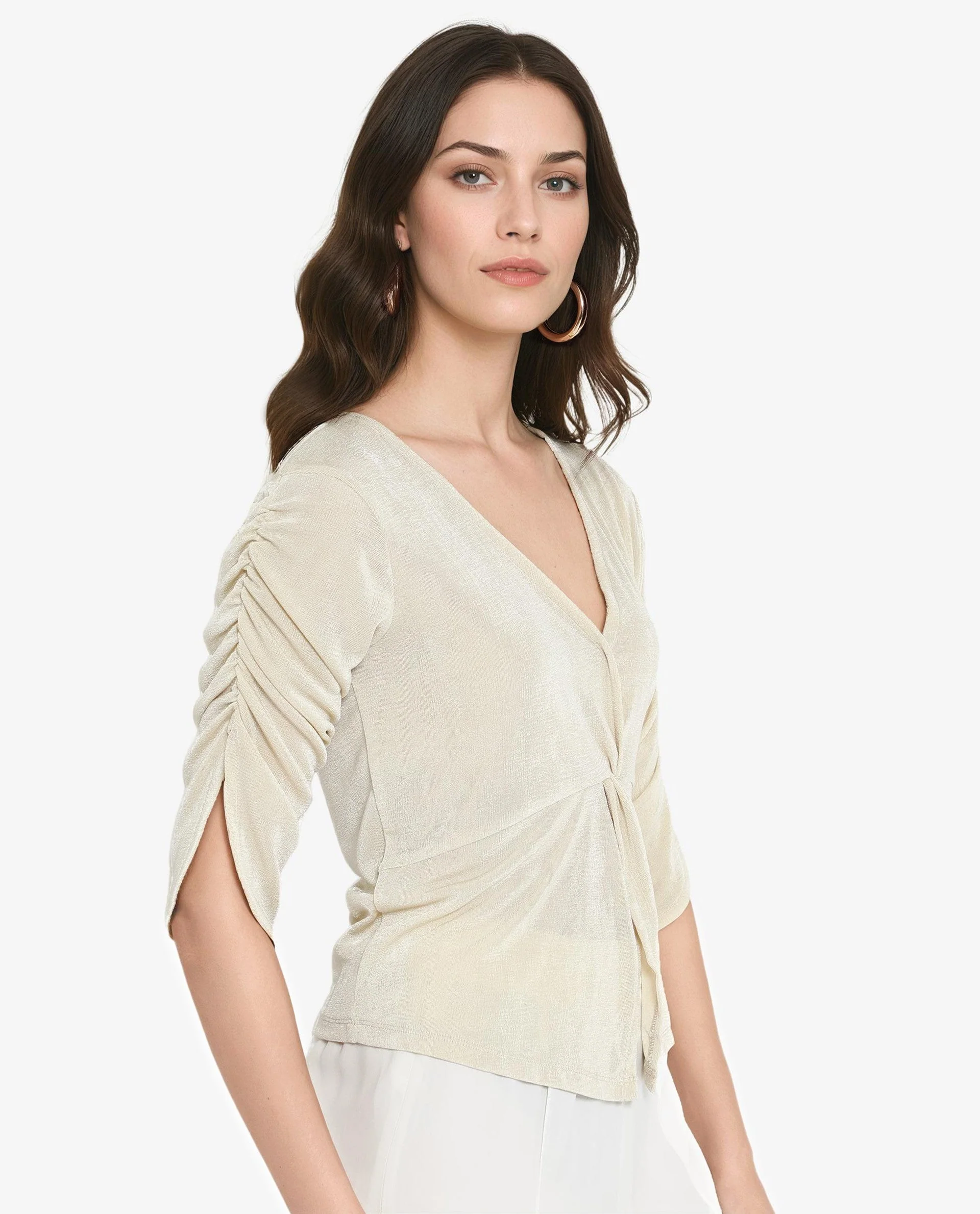 Rareism Women's Tangiren Light Beige Polyester V-Neck Plain Gathered Sleeve Regular Fit Top - Image 4