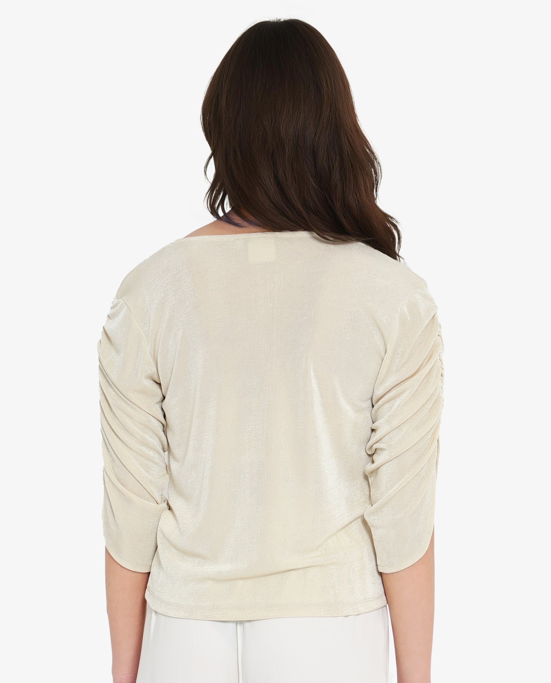 Rareism Women's Tangiren Light Beige Polyester V-Neck Plain Gathered Sleeve Regular Fit Top - Image 5