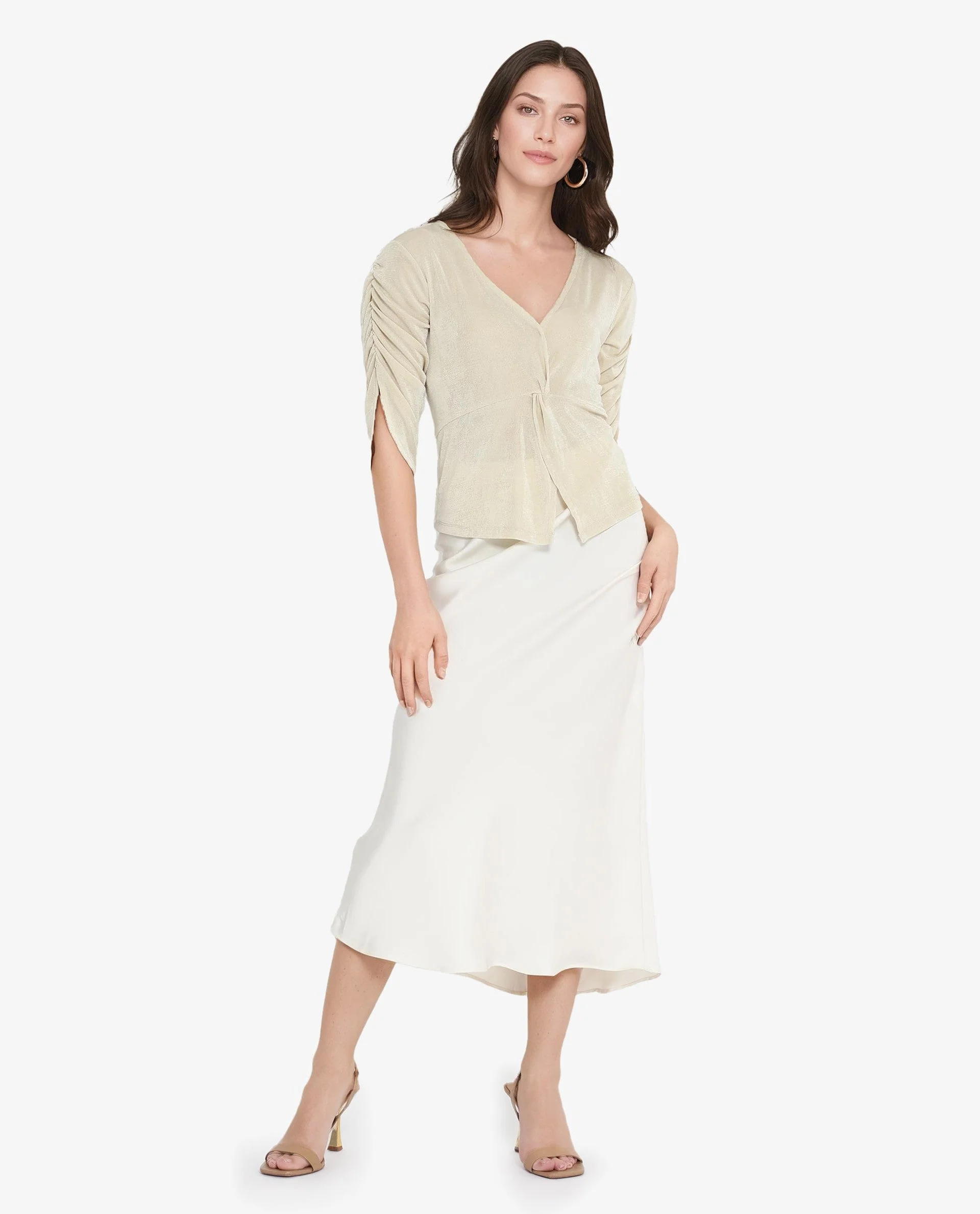 Rareism Women's Tangiren Light Beige Polyester V-Neck Plain Gathered Sleeve Regular Fit Top - Image 6