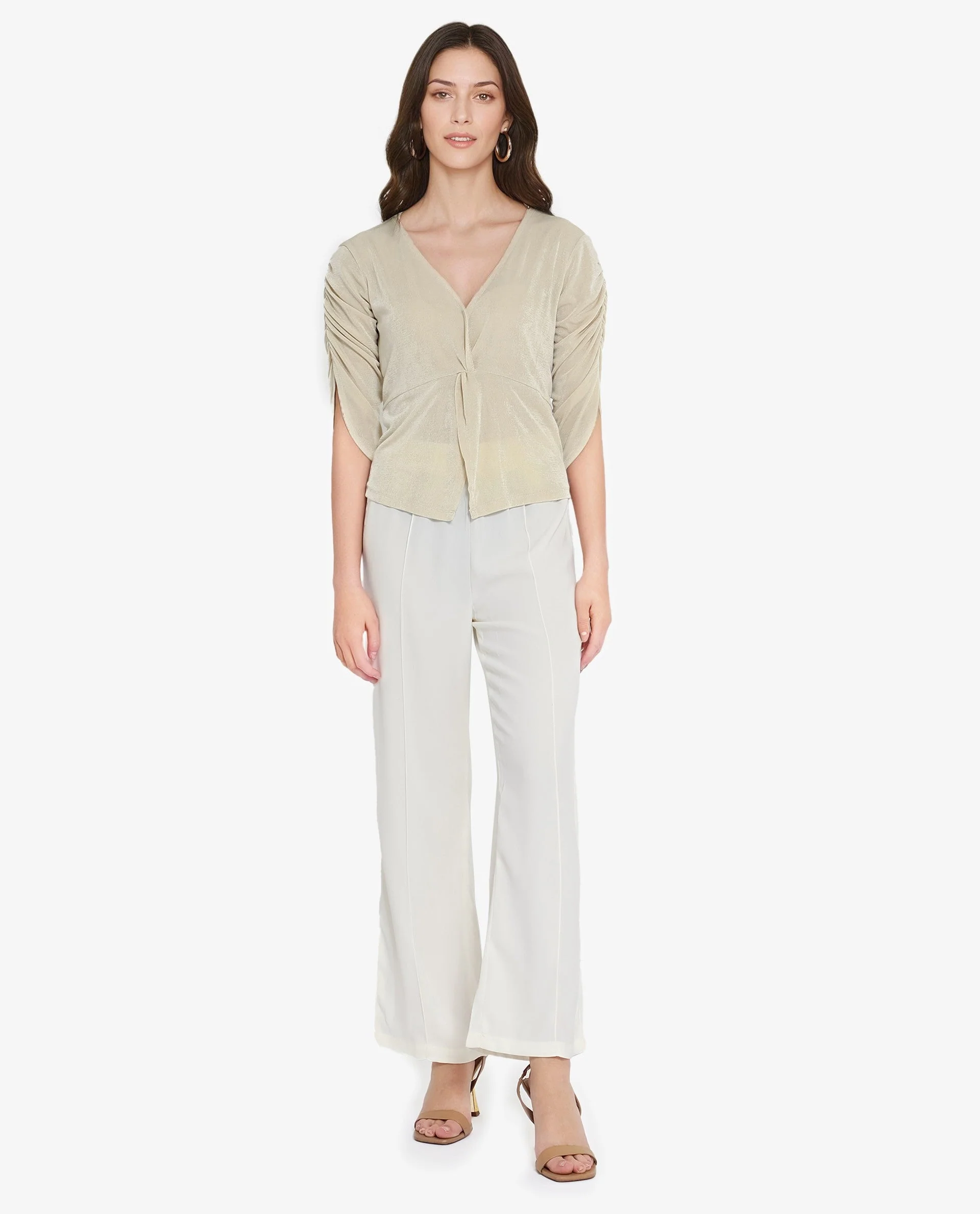 Rareism Women's Tangiren Light Beige Polyester V-Neck Plain Gathered Sleeve Regular Fit Top - Image 7