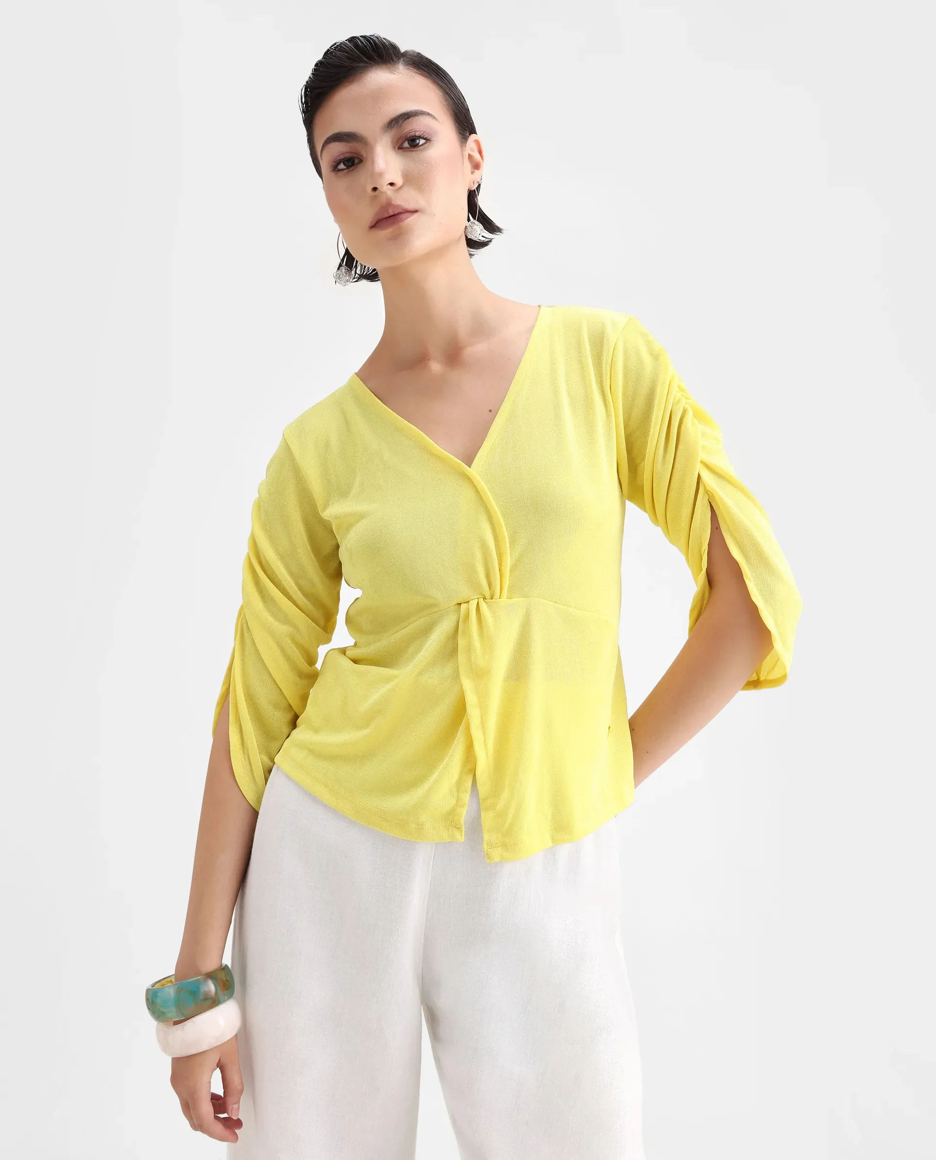 Rareism Women's Tangiren Yellow Polyester V-Neck Plain Gathered Sleeve Regular Fit Top