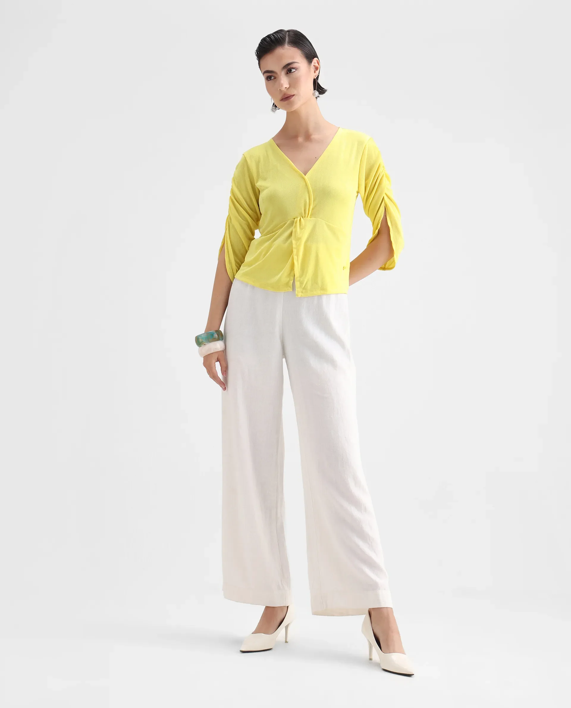 Rareism Women's Tangiren Yellow Polyester V-Neck Plain Gathered Sleeve Regular Fit Top - Image 2
