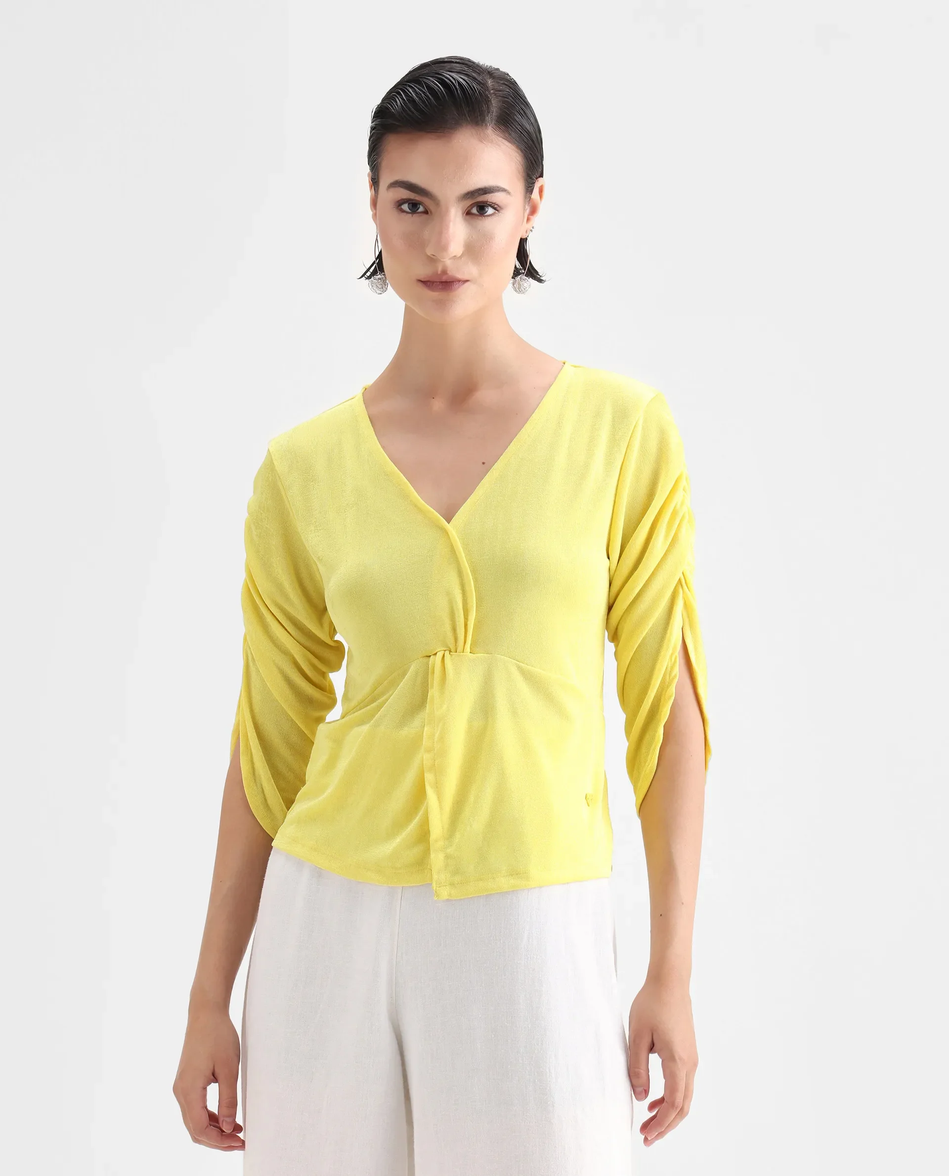 Rareism Women's Tangiren Yellow Polyester V-Neck Plain Gathered Sleeve Regular Fit Top - Image 3