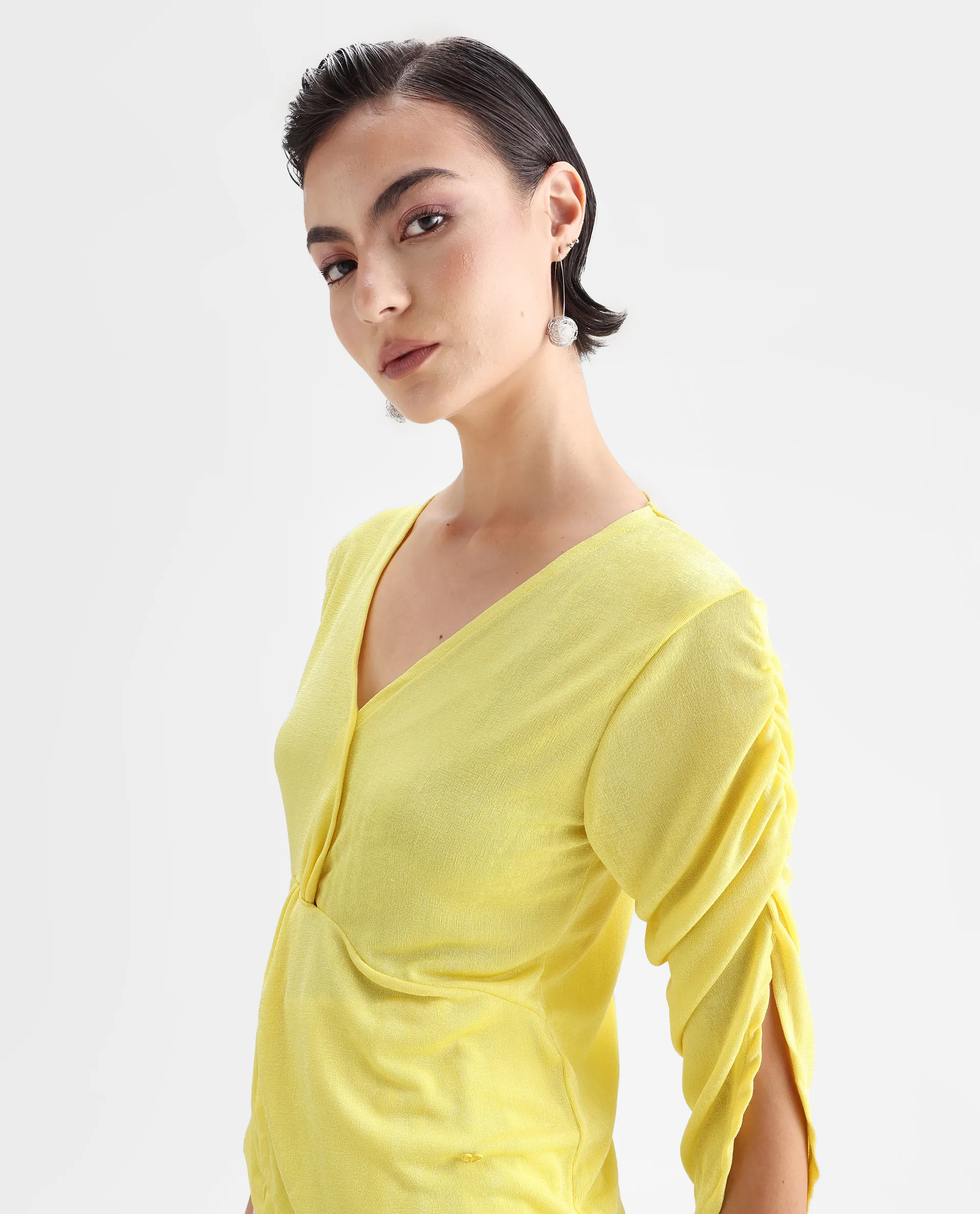 Rareism Women's Tangiren Yellow Polyester V-Neck Plain Gathered Sleeve Regular Fit Top - Image 4