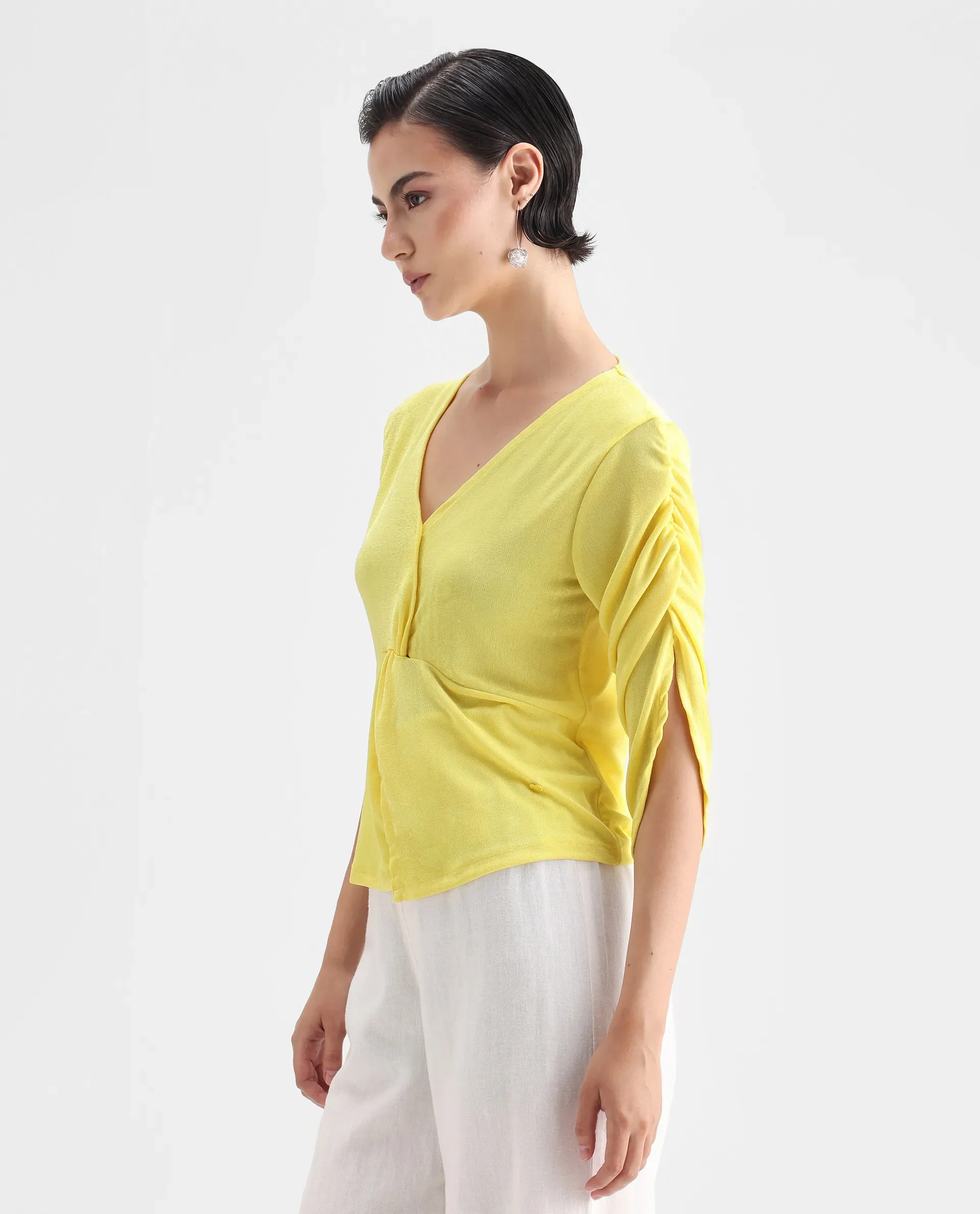 Rareism Women's Tangiren Yellow Polyester V-Neck Plain Gathered Sleeve Regular Fit Top - Image 5