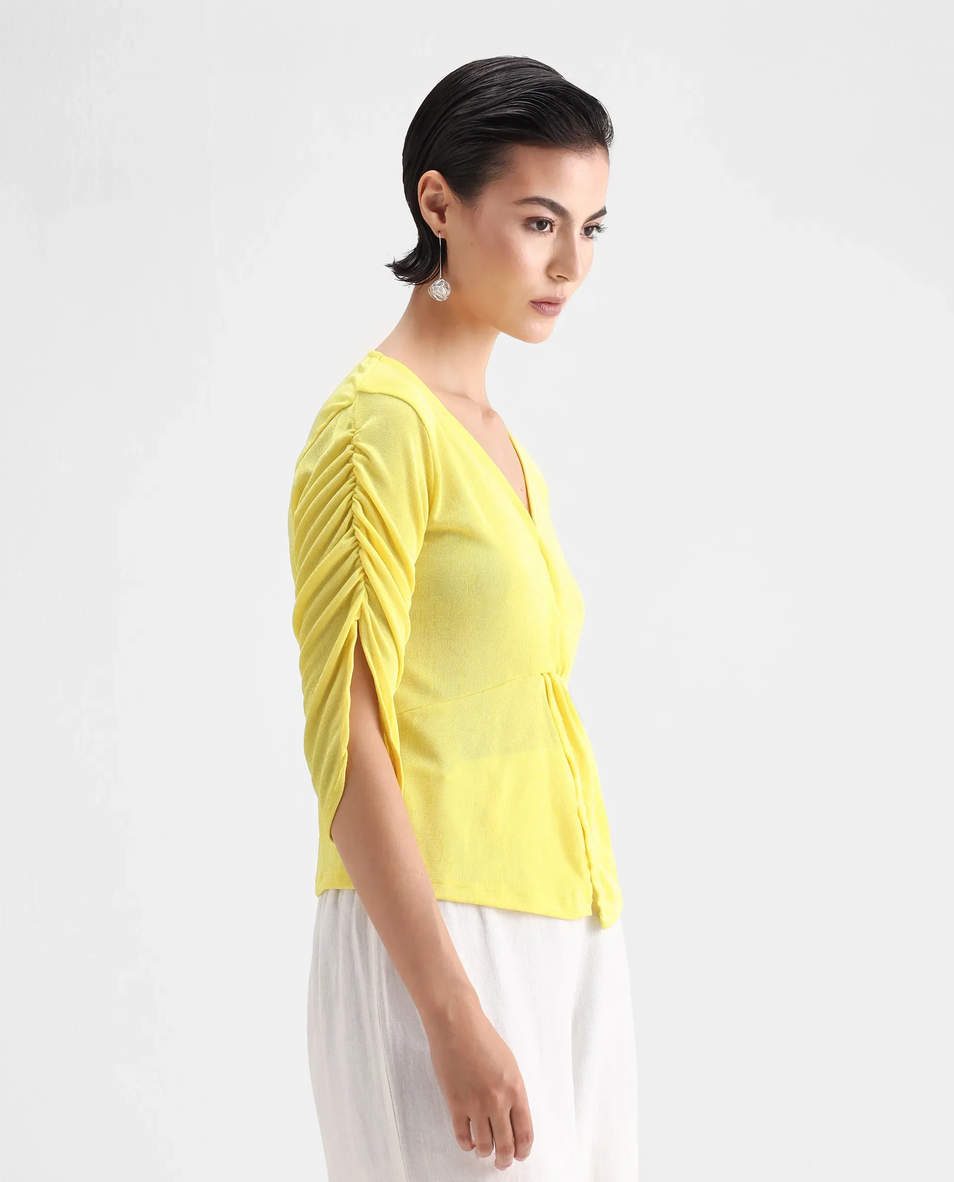 Rareism Women's Tangiren Yellow Polyester V-Neck Plain Gathered Sleeve Regular Fit Top - Image 6
