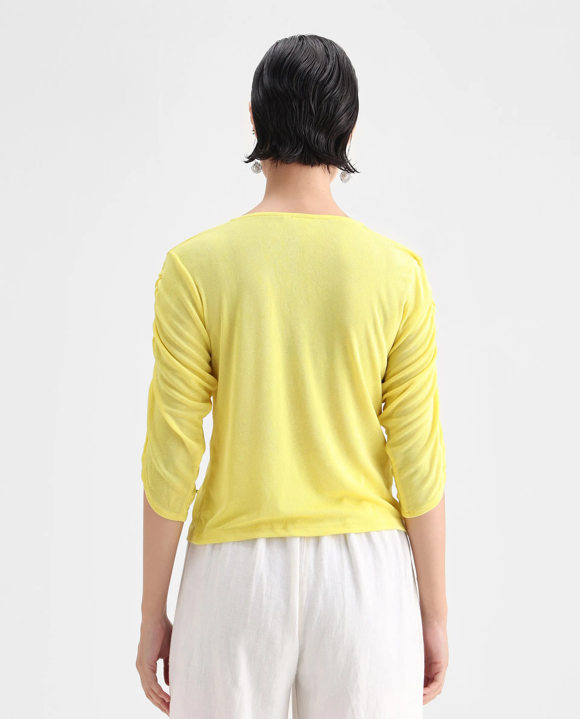 Rareism Women's Tangiren Yellow Polyester V-Neck Plain Gathered Sleeve Regular Fit Top - Image 7