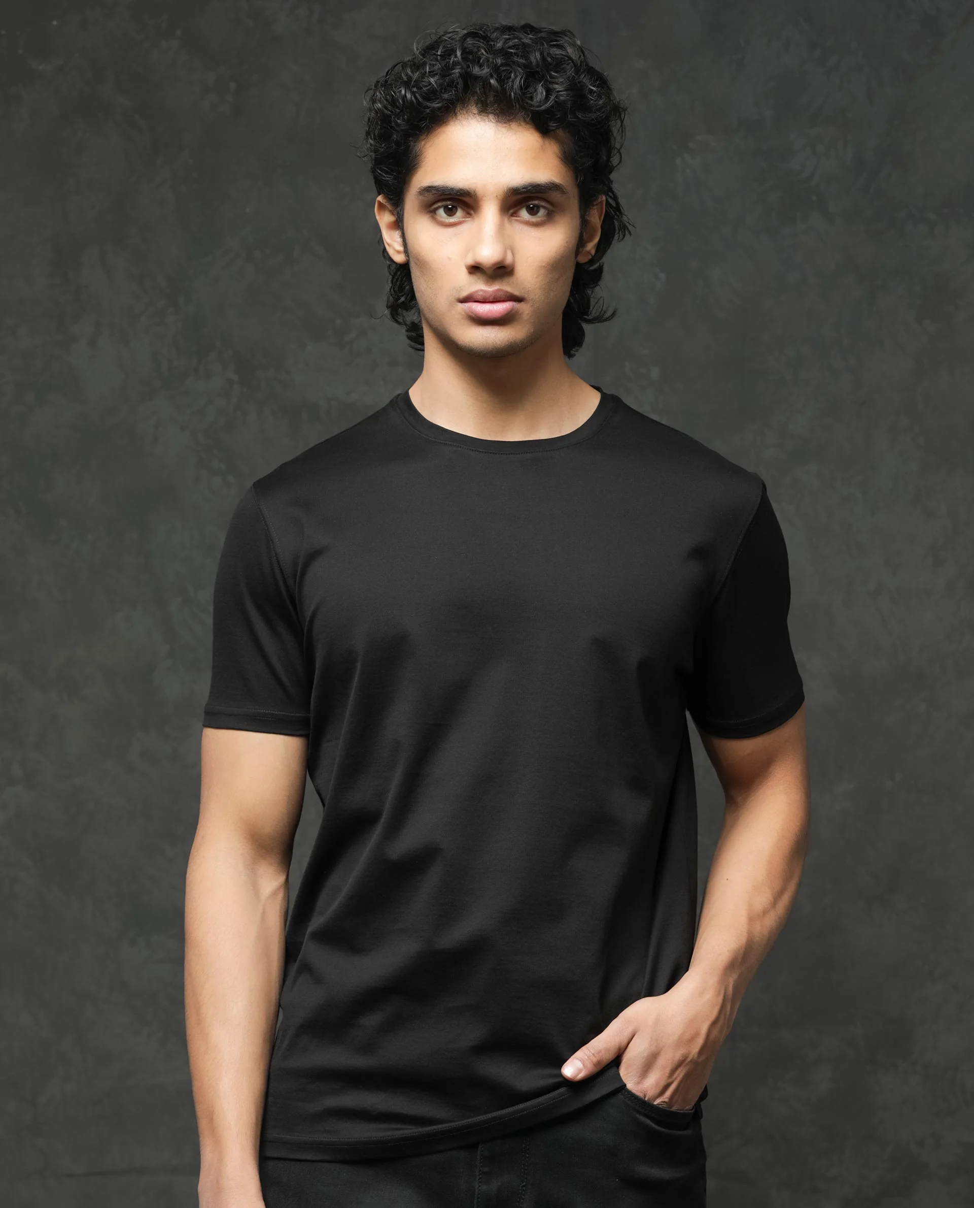 Rare Rabbit Men's Tangos Black Cotton Plain Regular Fit Half Sleeve Crew Neck T-Shirt - Image 4