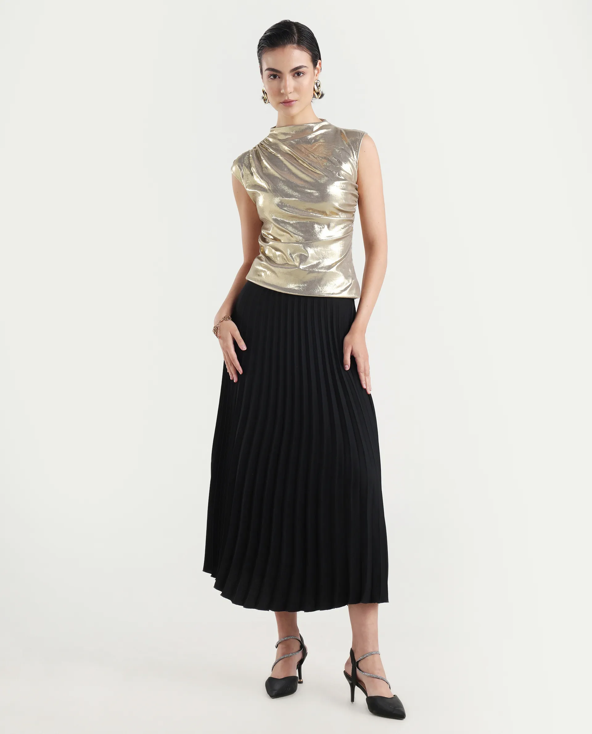 Rareism Women's Tangui Metallic Gold Polyester High Neck Plain Sleeveless Regular Fitted Top - Image 2