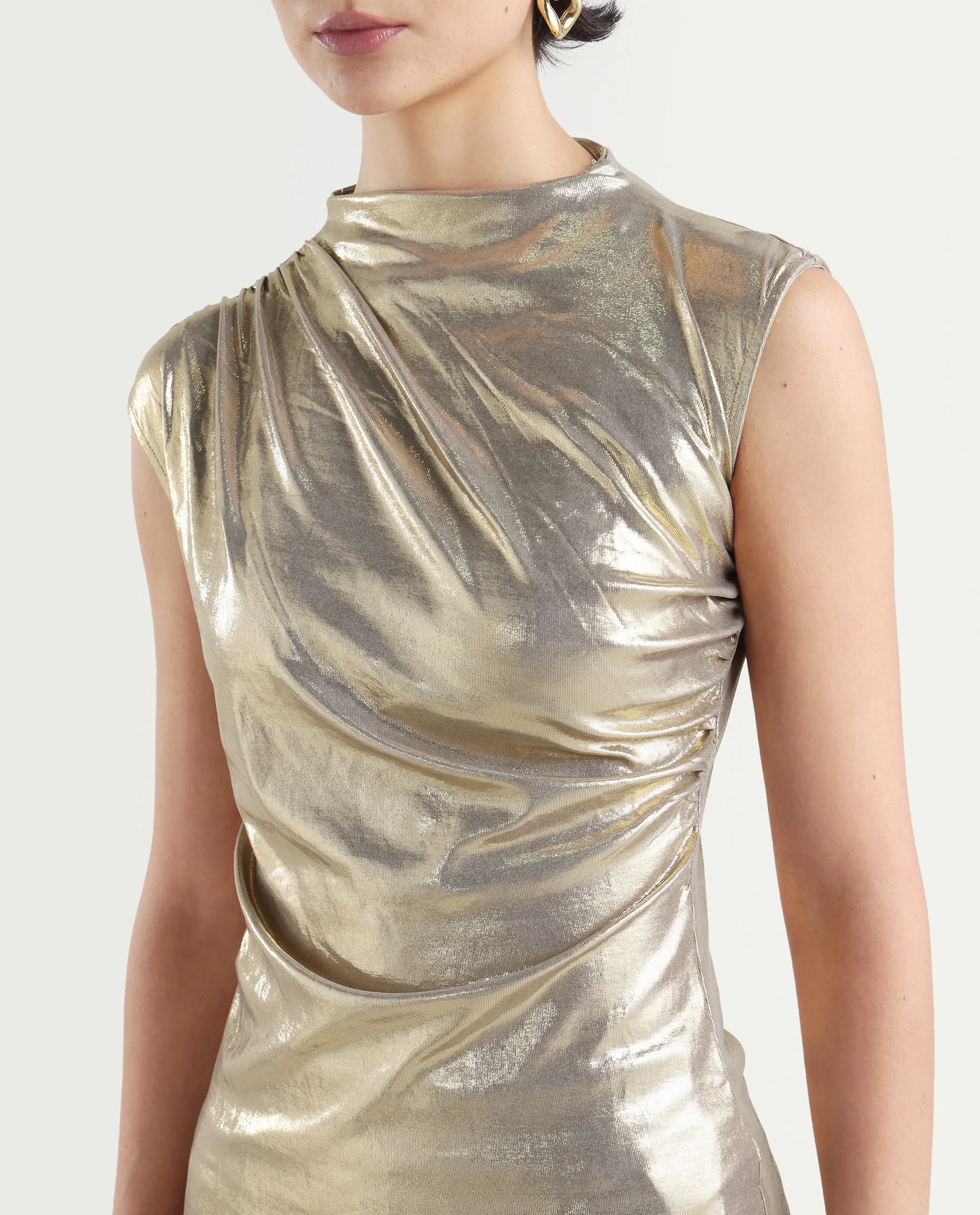 Rareism Women's Tangui Metallic Gold Polyester High Neck Plain Sleeveless Regular Fitted Top - Image 4