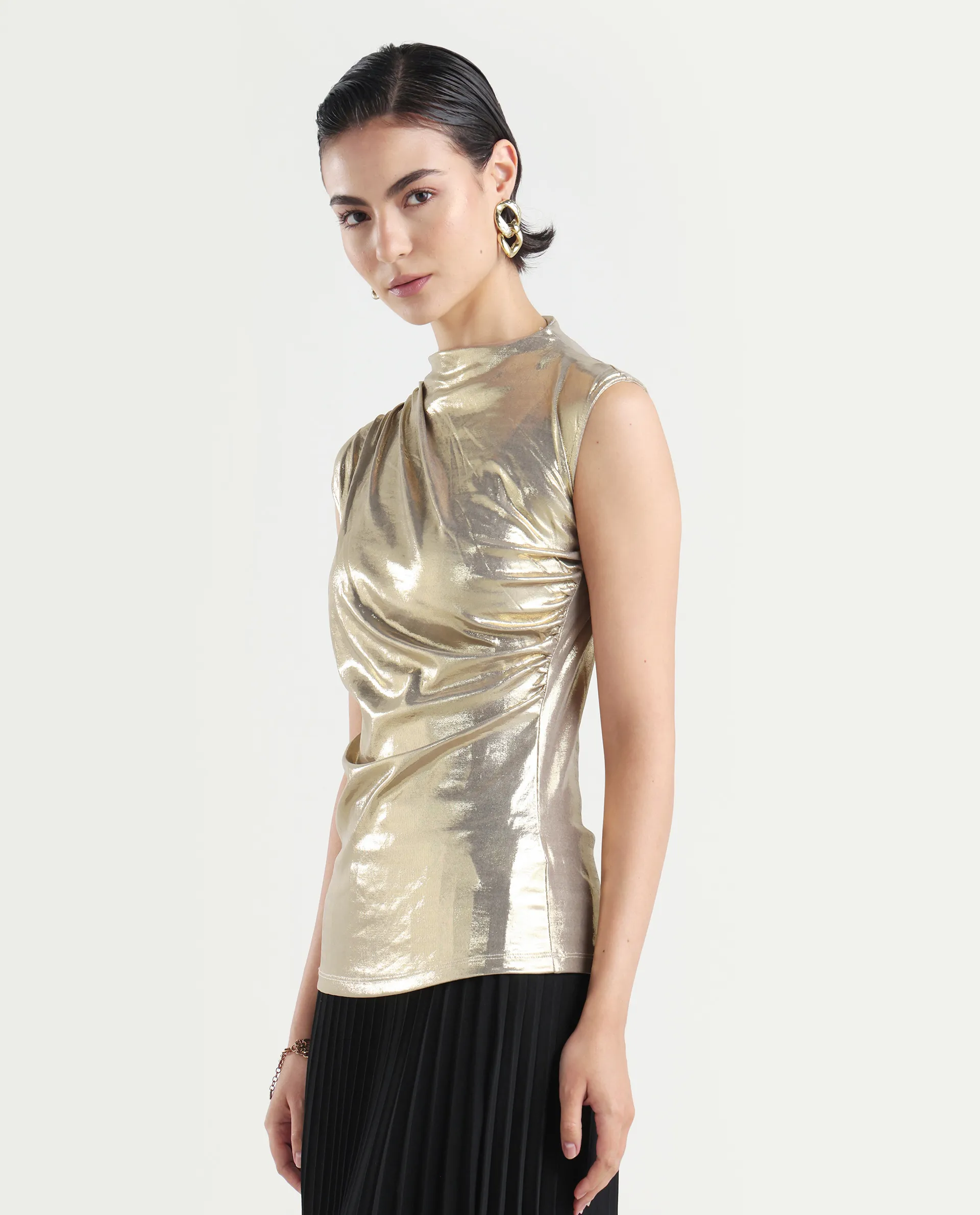 Rareism Women's Tangui Metallic Gold Polyester High Neck Plain Sleeveless Regular Fitted Top - Image 5