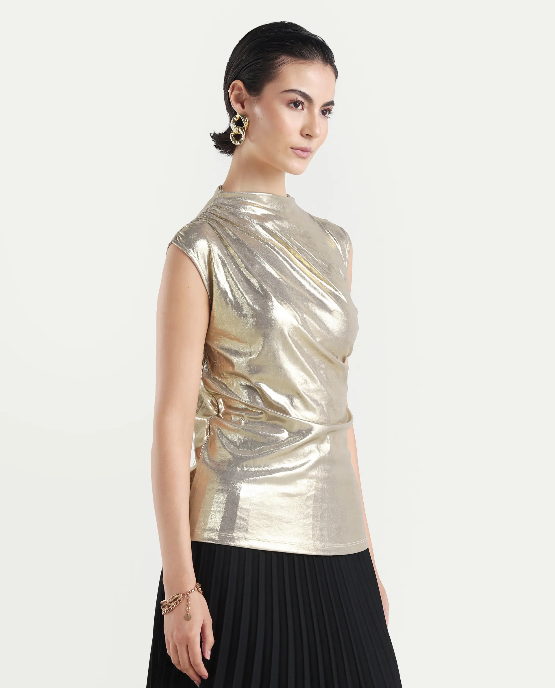Rareism Women's Tangui Metallic Gold Polyester High Neck Plain Sleeveless Regular Fitted Top - Image 6