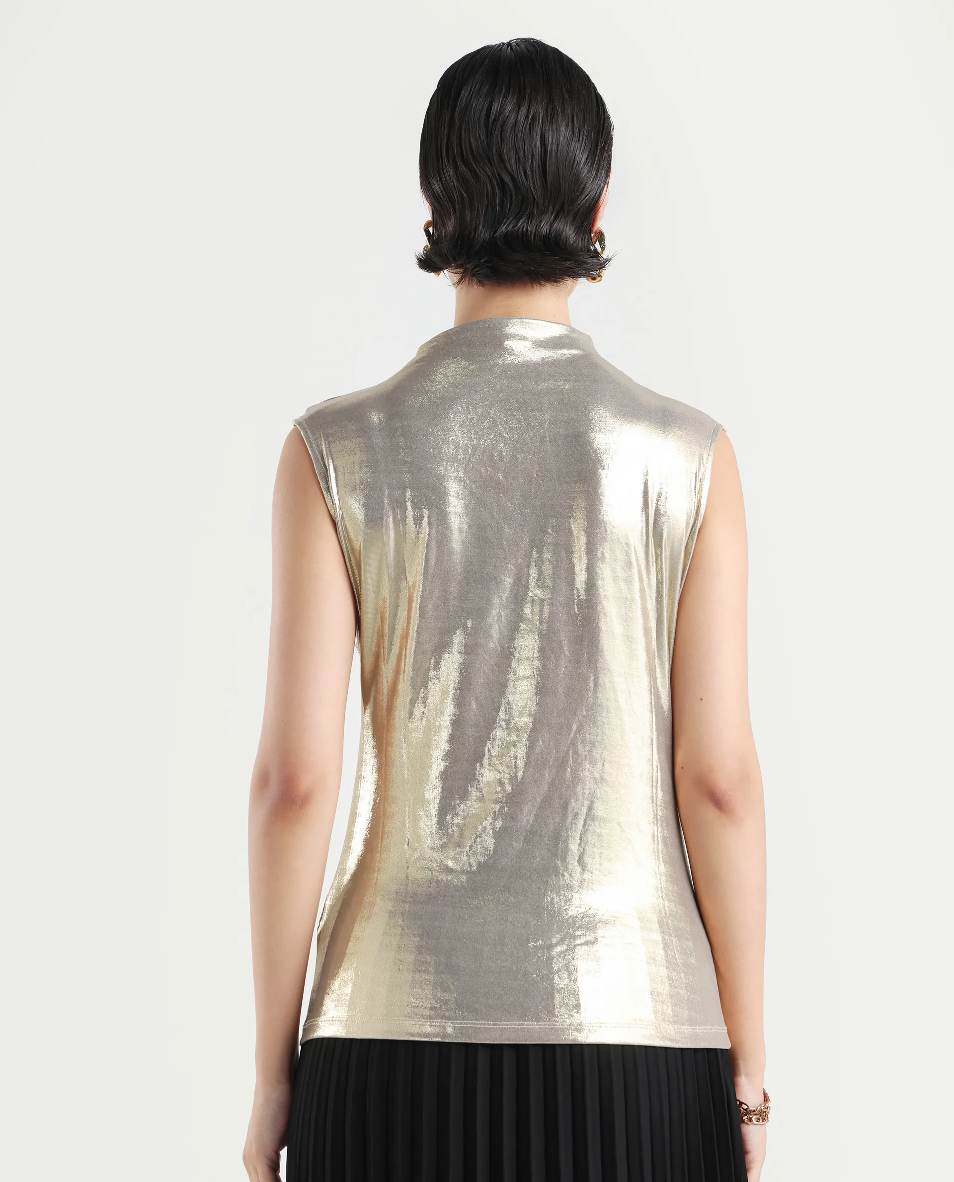 Rareism Women's Tangui Metallic Gold Polyester High Neck Plain Sleeveless Regular Fitted Top - Image 7