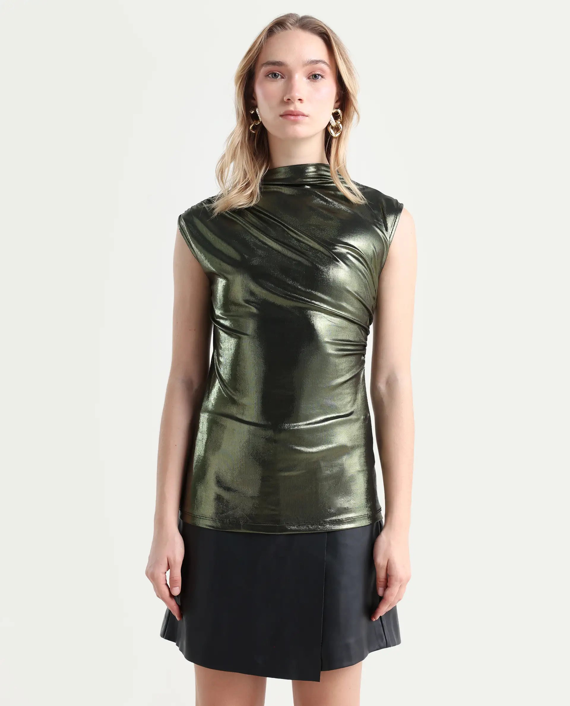 Rareism Women's Tangui Metallic Green Polyester High Neck Plain Sleeveless Regular Fitted Top - Image 3