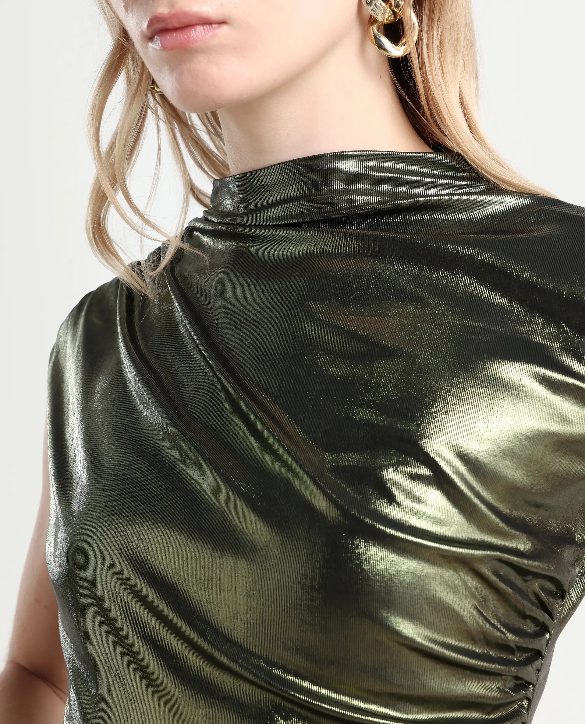 Rareism Women's Tangui Metallic Green Polyester High Neck Plain Sleeveless Regular Fitted Top - Image 4