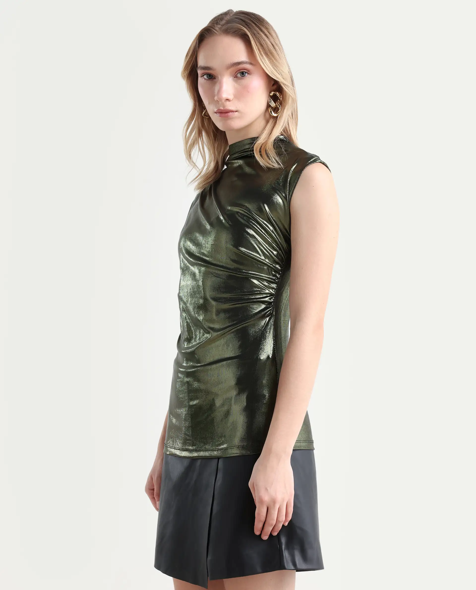 Rareism Women's Tangui Metallic Green Polyester High Neck Plain Sleeveless Regular Fitted Top - Image 5