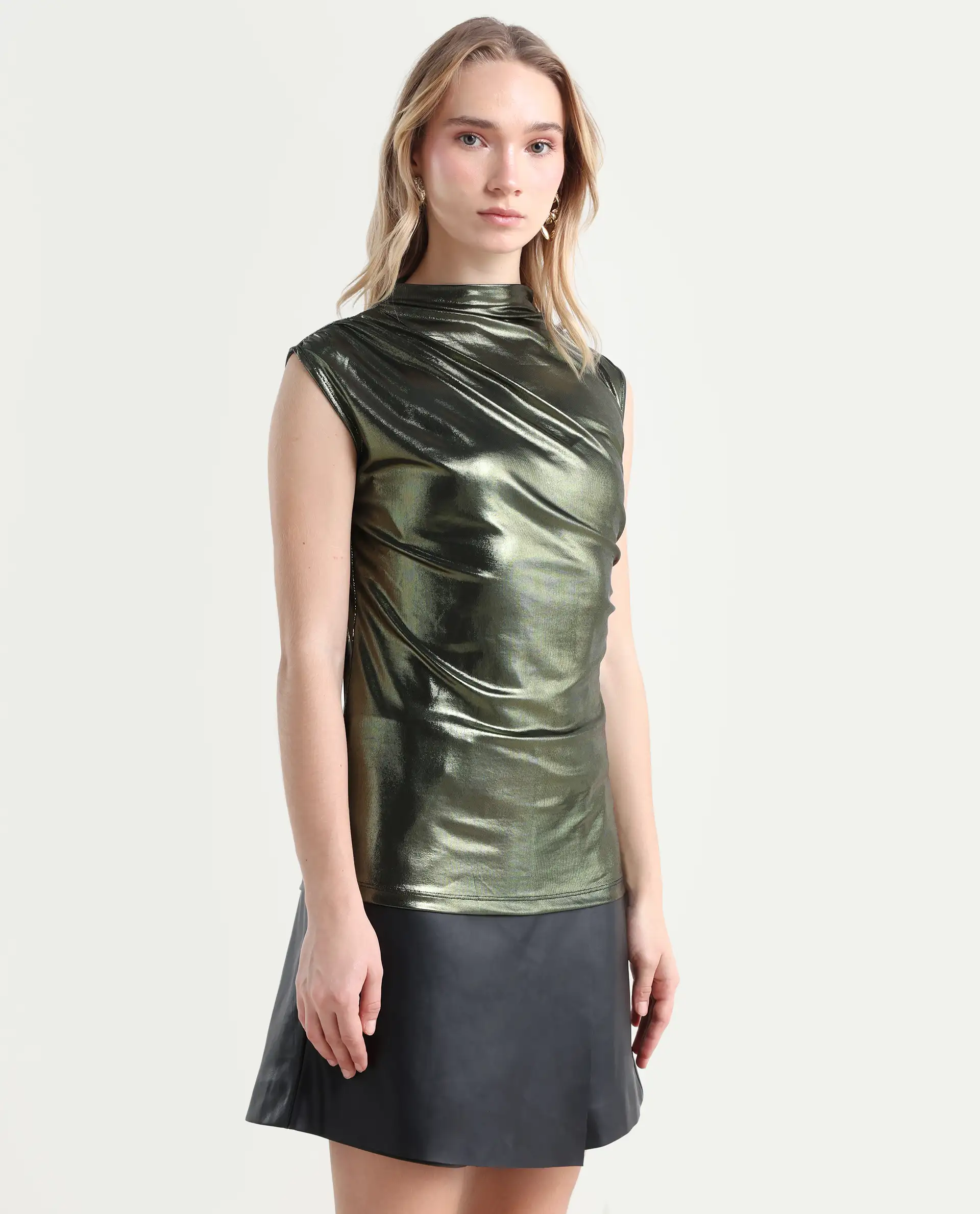 Rareism Women's Tangui Metallic Green Polyester High Neck Plain Sleeveless Regular Fitted Top - Image 6