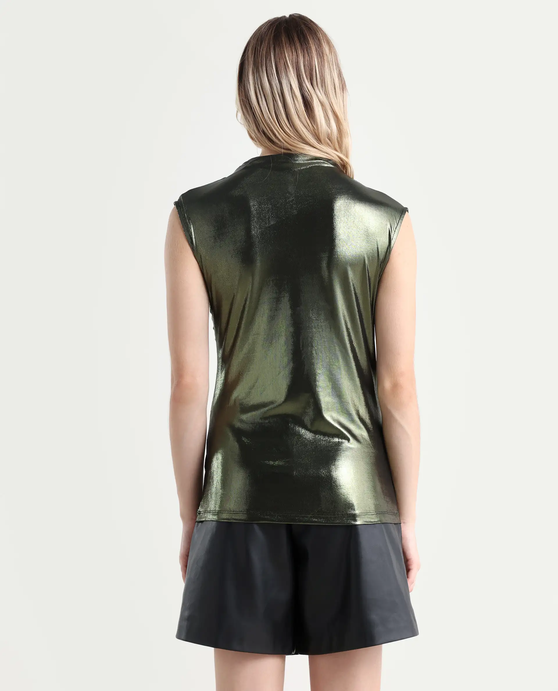 Rareism Women's Tangui Metallic Green Polyester High Neck Plain Sleeveless Regular Fitted Top - Image 7