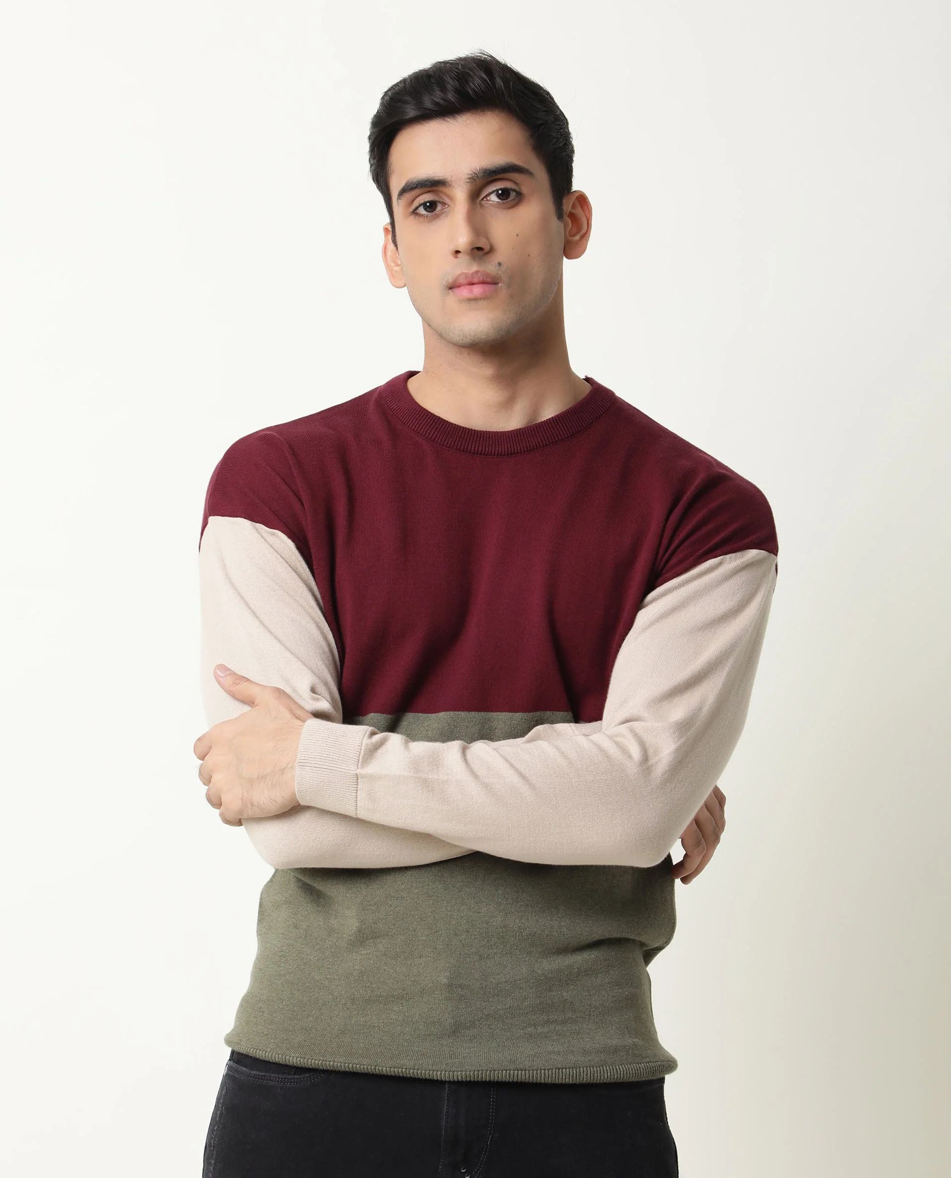 Rare Rabbit Men's Tanko Maroon Cotton Color Block Relaxed Fit Full Sleeve Crew Neck Sweater