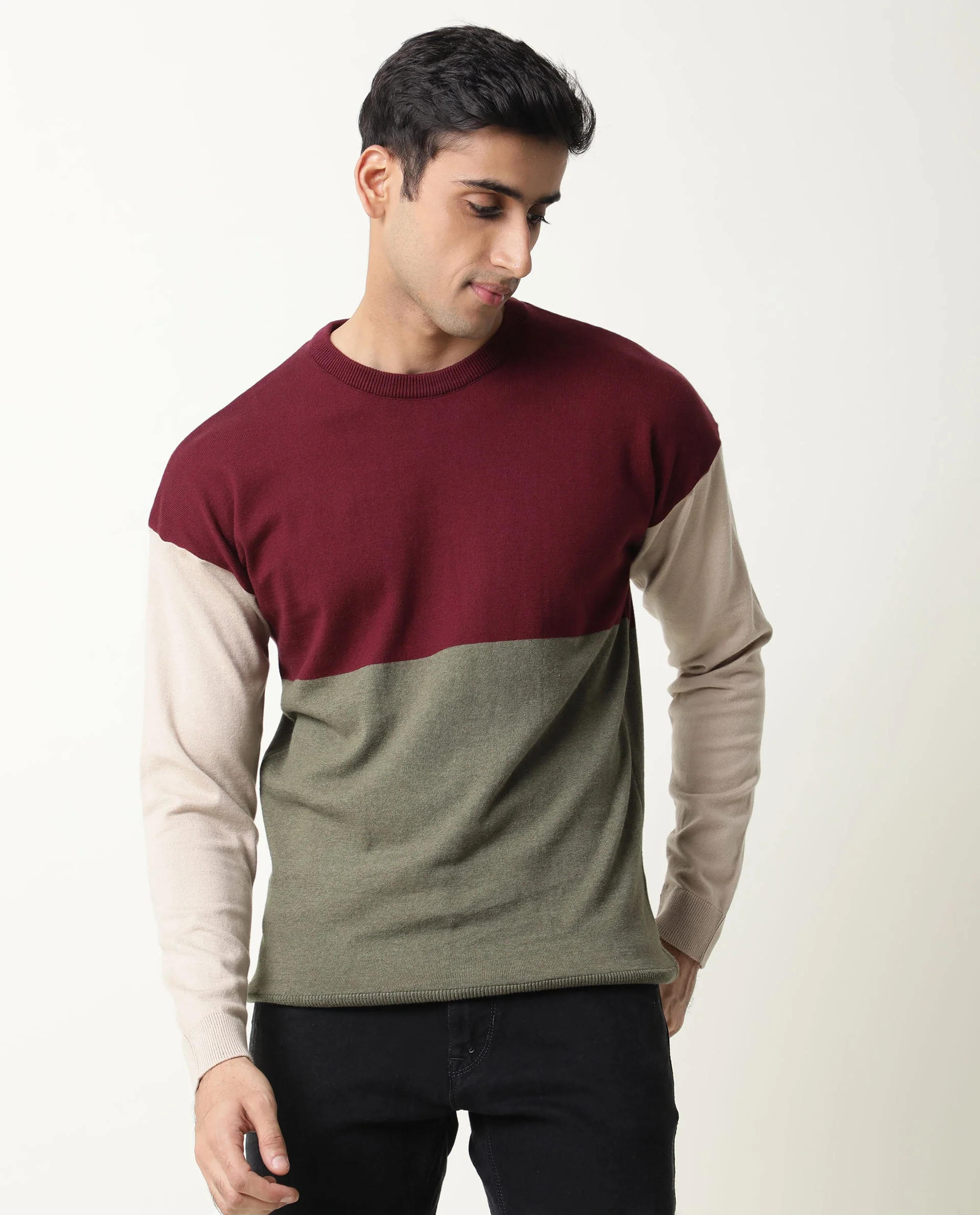 Rare Rabbit Men's Tanko Maroon Cotton Color Block Relaxed Fit Full Sleeve Crew Neck Sweater - Image 2