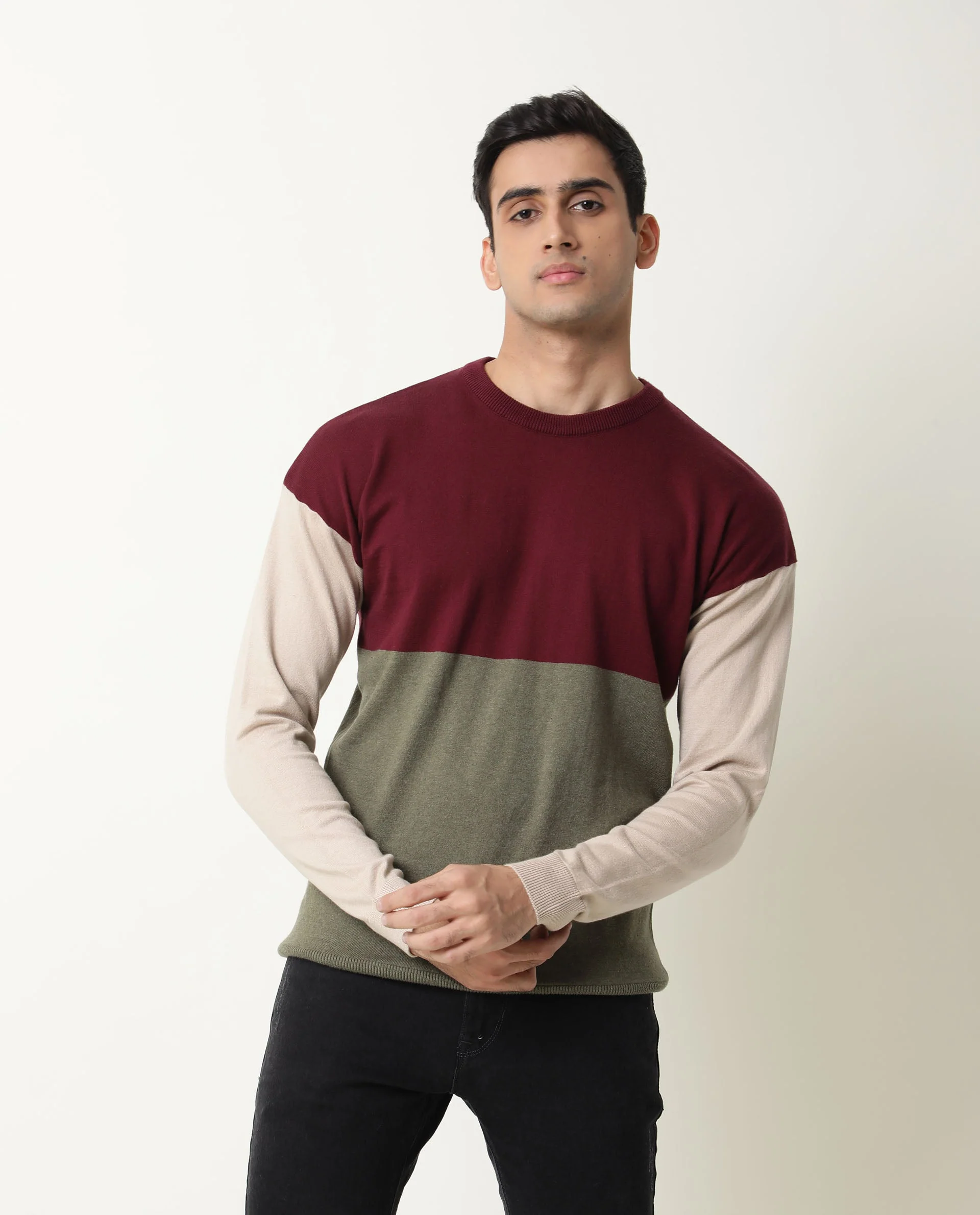 Rare Rabbit Men's Tanko Maroon Cotton Color Block Relaxed Fit Full Sleeve Crew Neck Sweater - Image 3