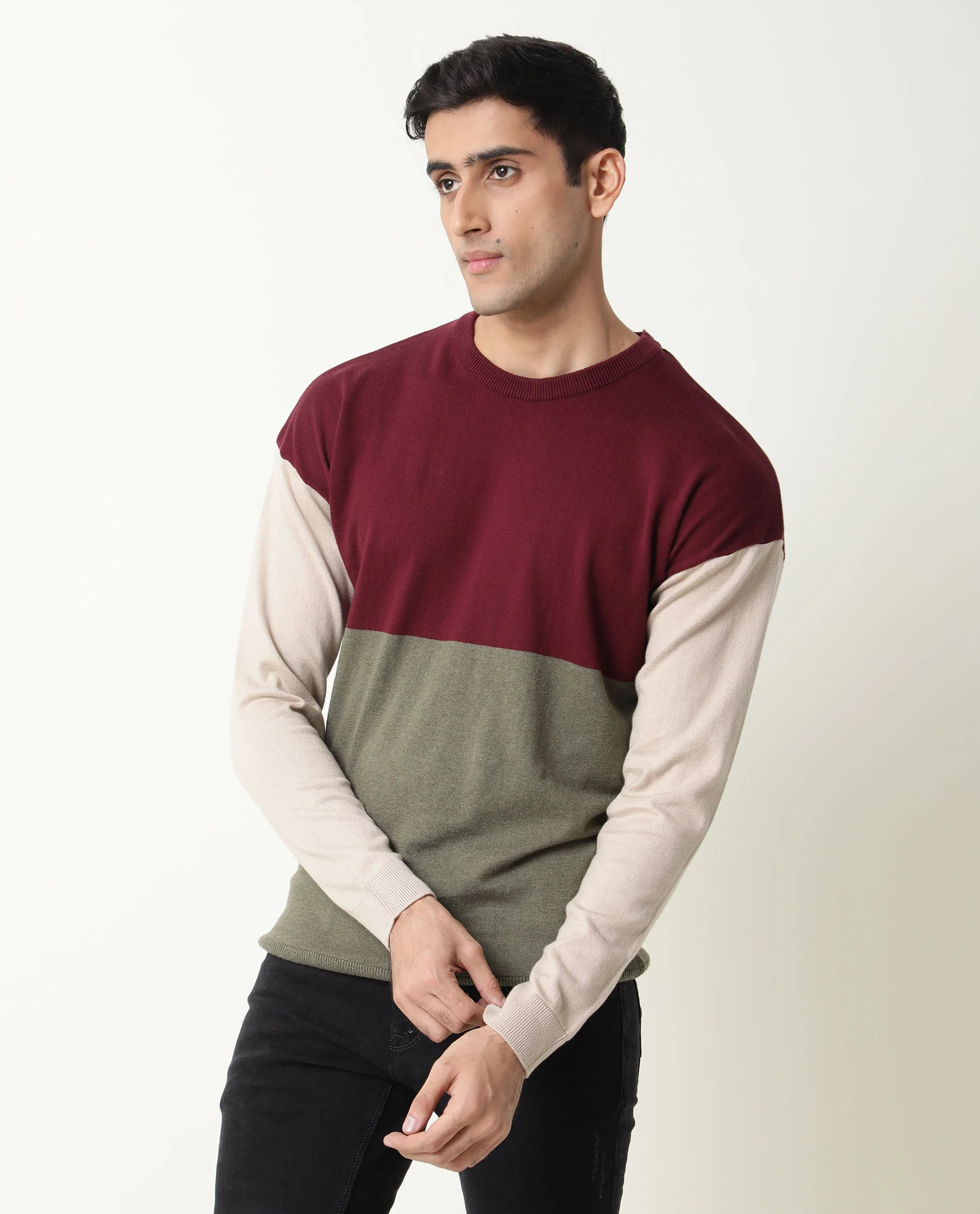 Rare Rabbit Men's Tanko Maroon Cotton Color Block Relaxed Fit Full Sleeve Crew Neck Sweater - Image 4