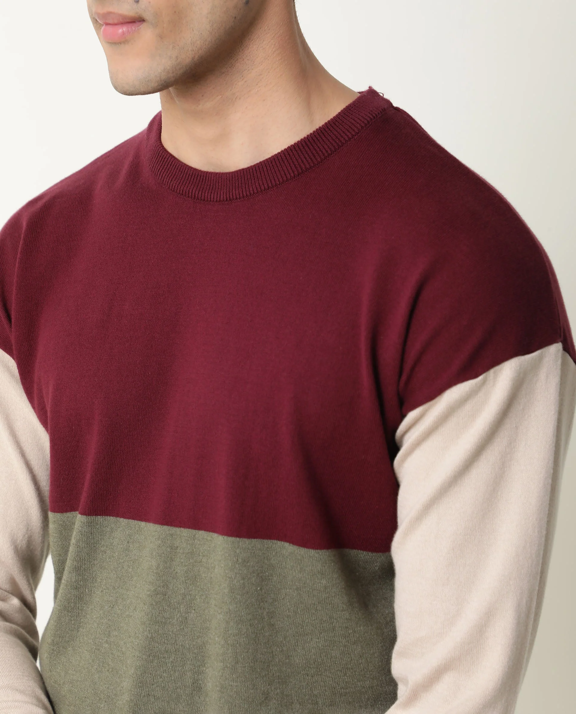 Rare Rabbit Men's Tanko Maroon Cotton Color Block Relaxed Fit Full Sleeve Crew Neck Sweater - Image 5