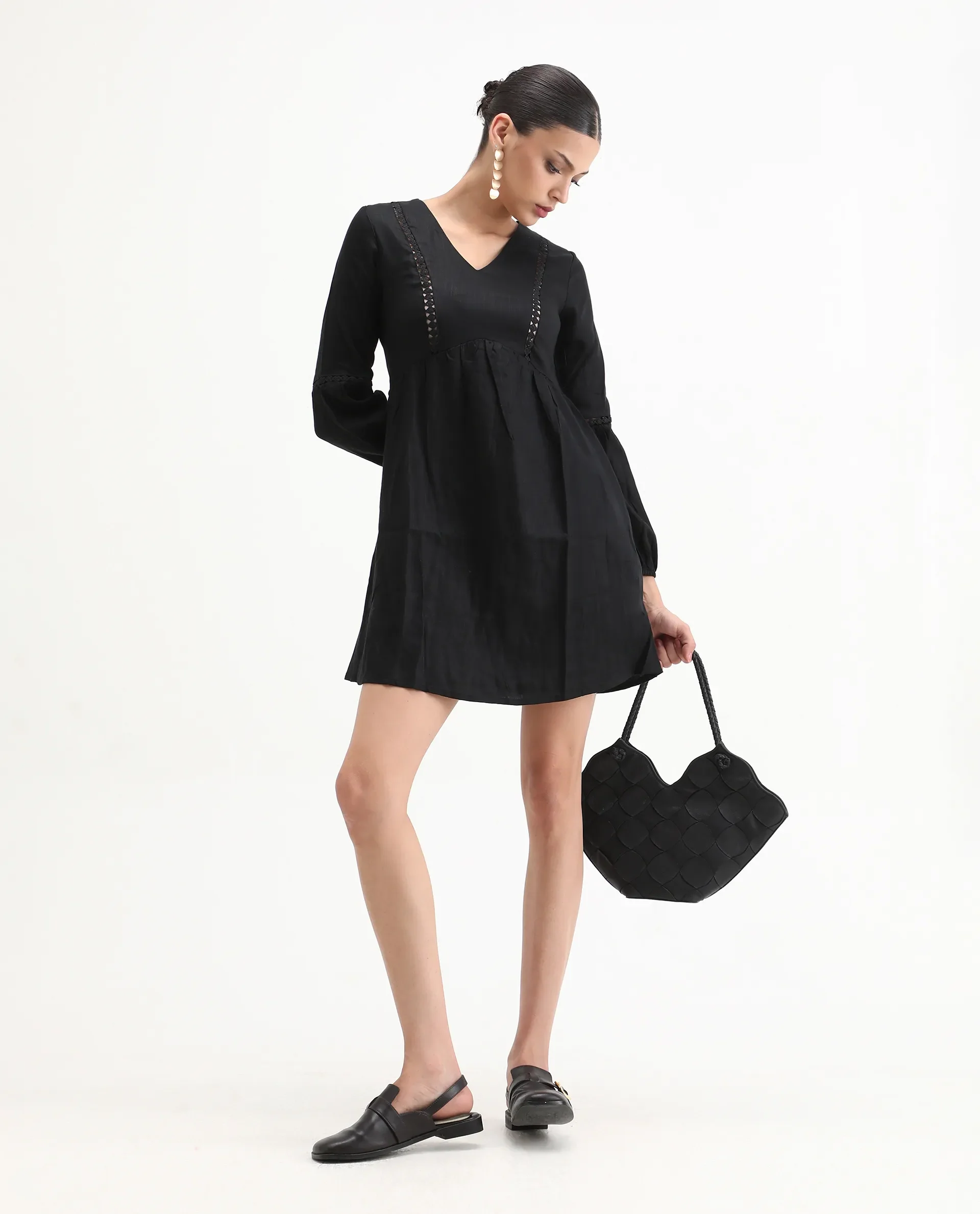 Rareism Women's Tanner Black Cotton Blend V-Neck Plain Puff Sleeves Mini Regular Fit Dress - Image 2