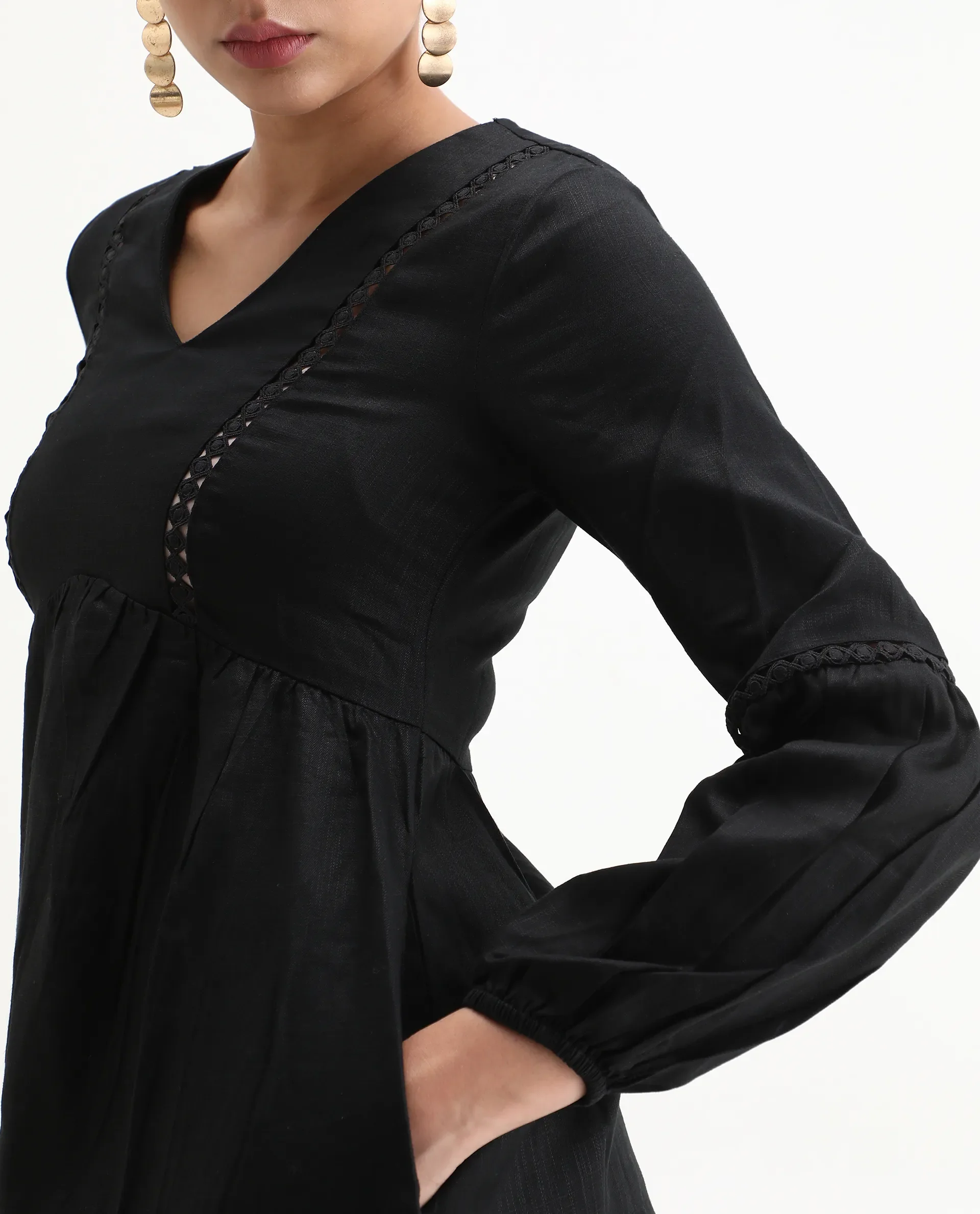 Rareism Women's Tanner Black Cotton Blend V-Neck Plain Puff Sleeves Mini Regular Fit Dress - Image 3