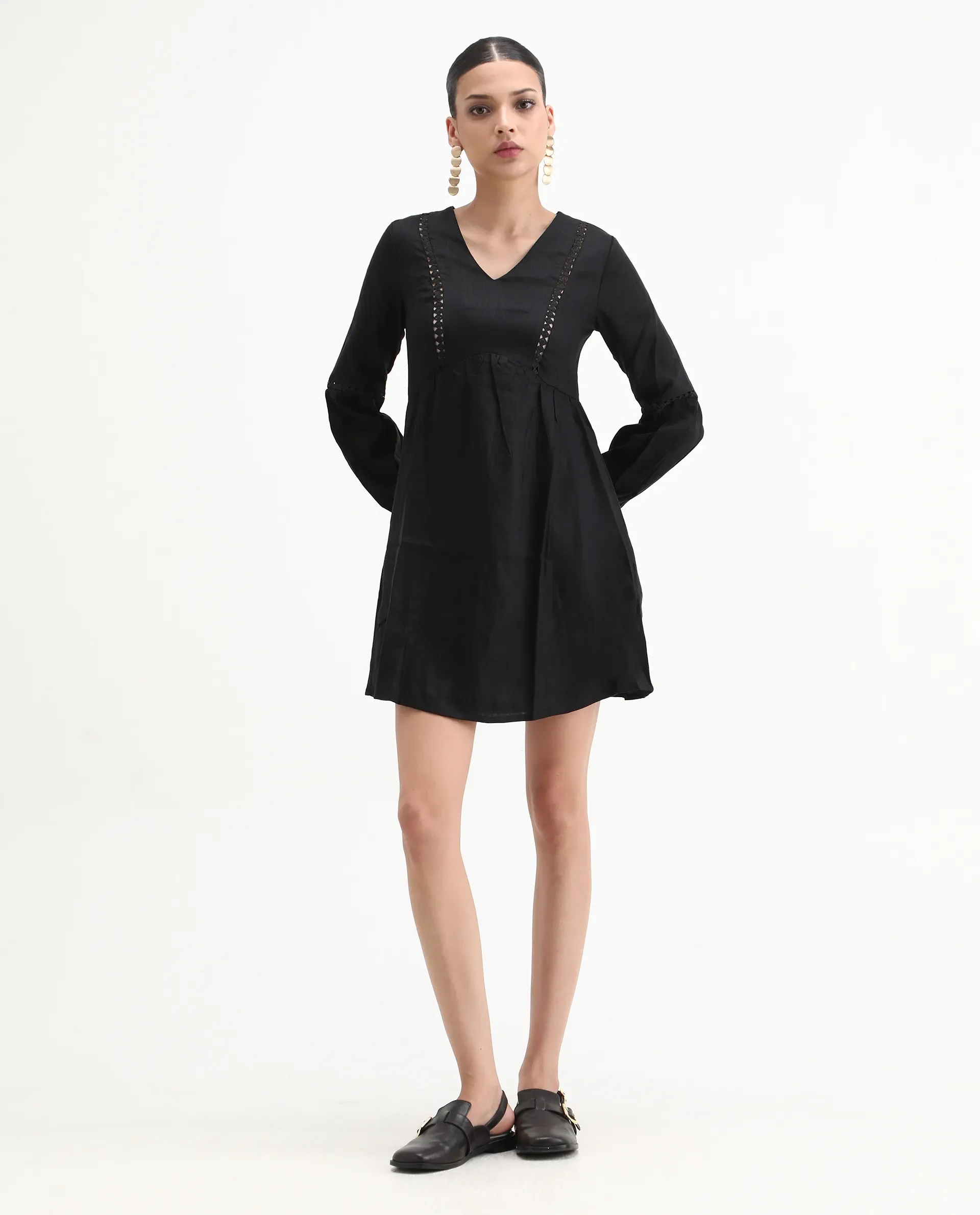 Rareism Women's Tanner Black Cotton Blend V-Neck Plain Puff Sleeves Mini Regular Fit Dress - Image 4