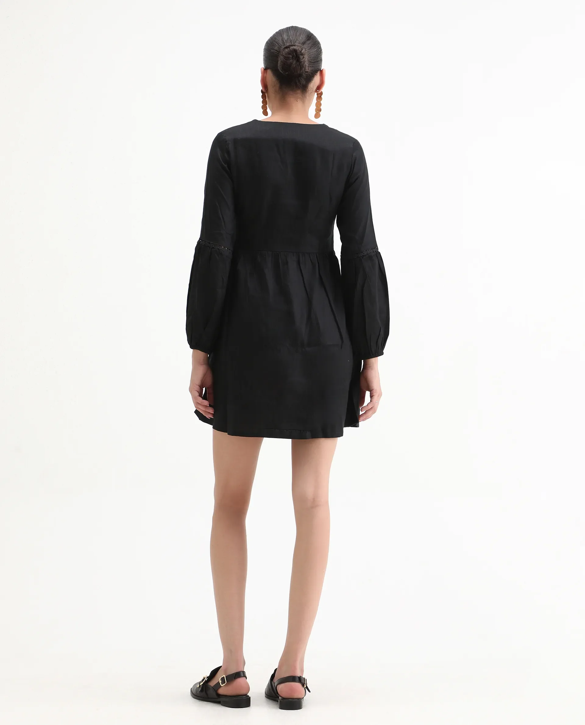 Rareism Women's Tanner Black Cotton Blend V-Neck Plain Puff Sleeves Mini Regular Fit Dress - Image 7