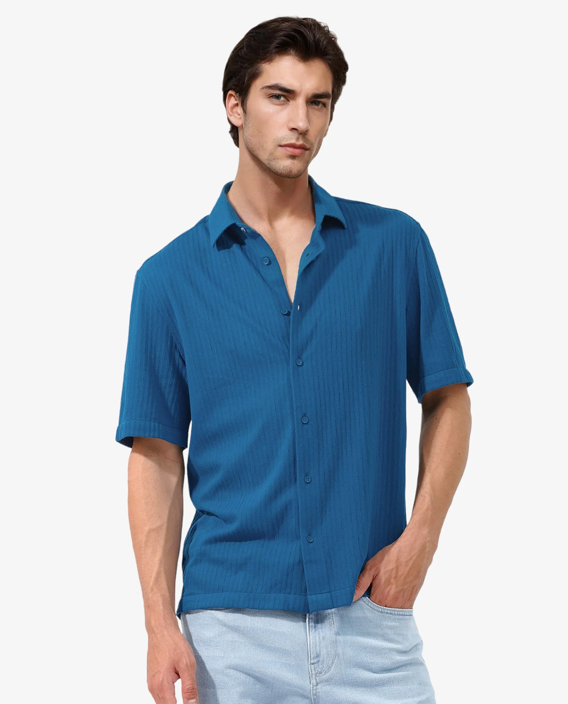 Rare Rabbit Men's Tano Blue Cotton Blend Textured Boxy Fit Half Sleeve Collared Shirt