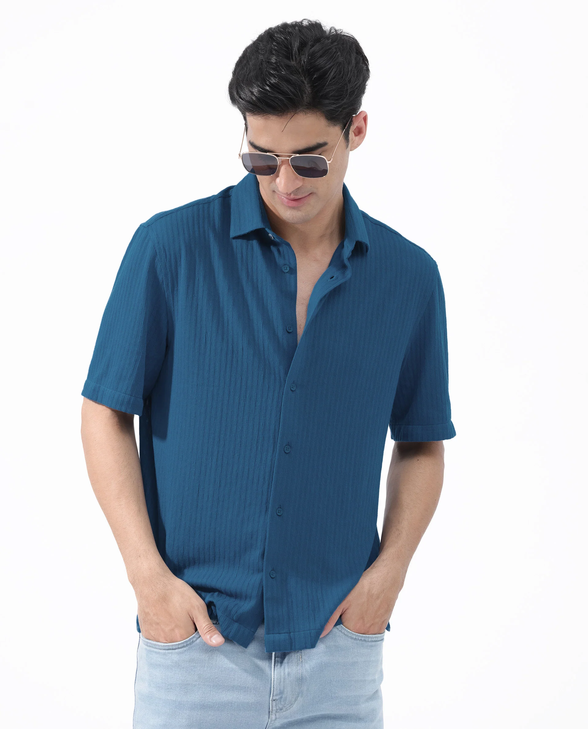 Rare Rabbit Men's Tano Blue Cotton Blend Textured Boxy Fit Half Sleeve Collared Shirt - Image 2