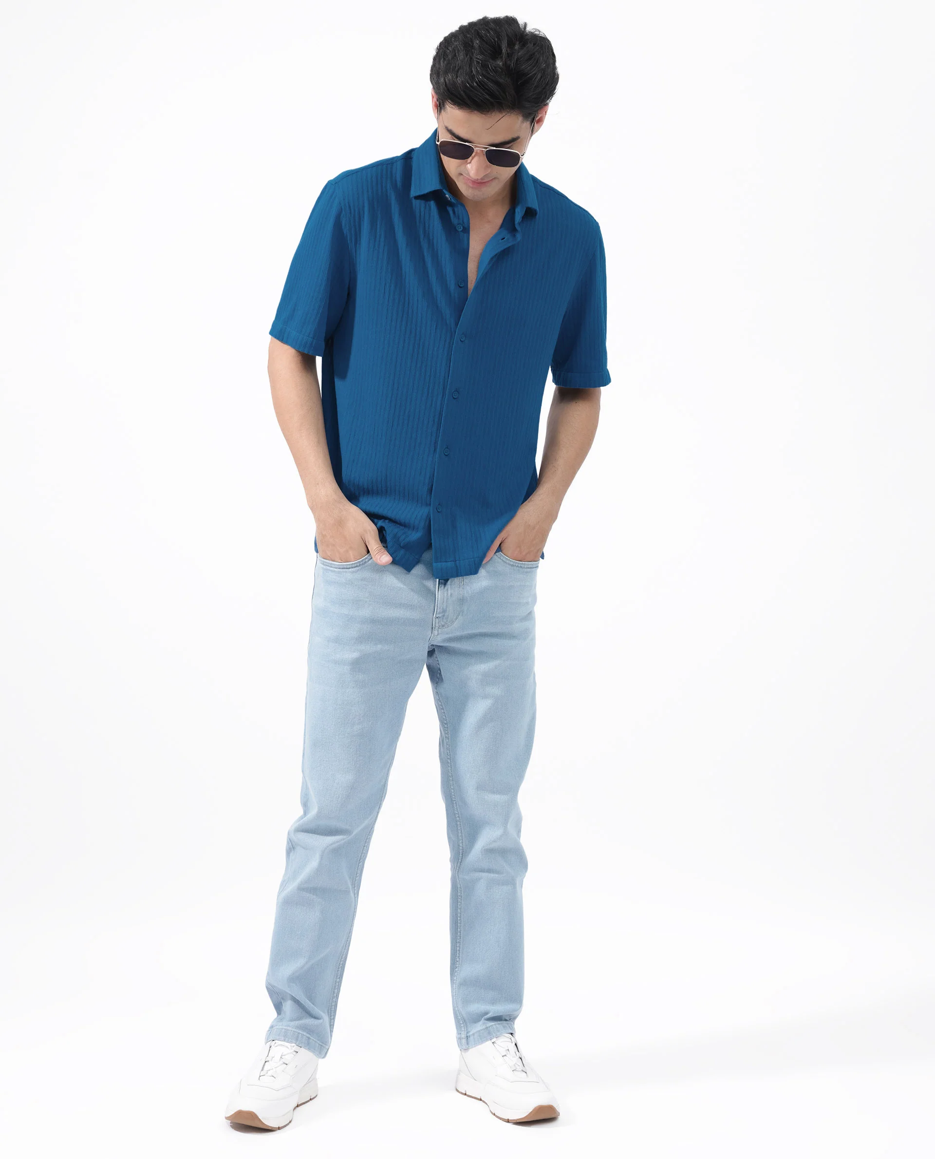 Rare Rabbit Men's Tano Blue Cotton Blend Textured Boxy Fit Half Sleeve Collared Shirt - Image 3