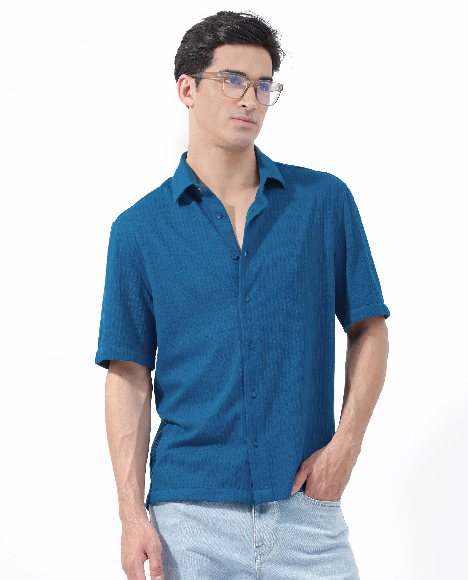 Rare Rabbit Men's Tano Blue Cotton Blend Textured Boxy Fit Half Sleeve Collared Shirt - Image 4