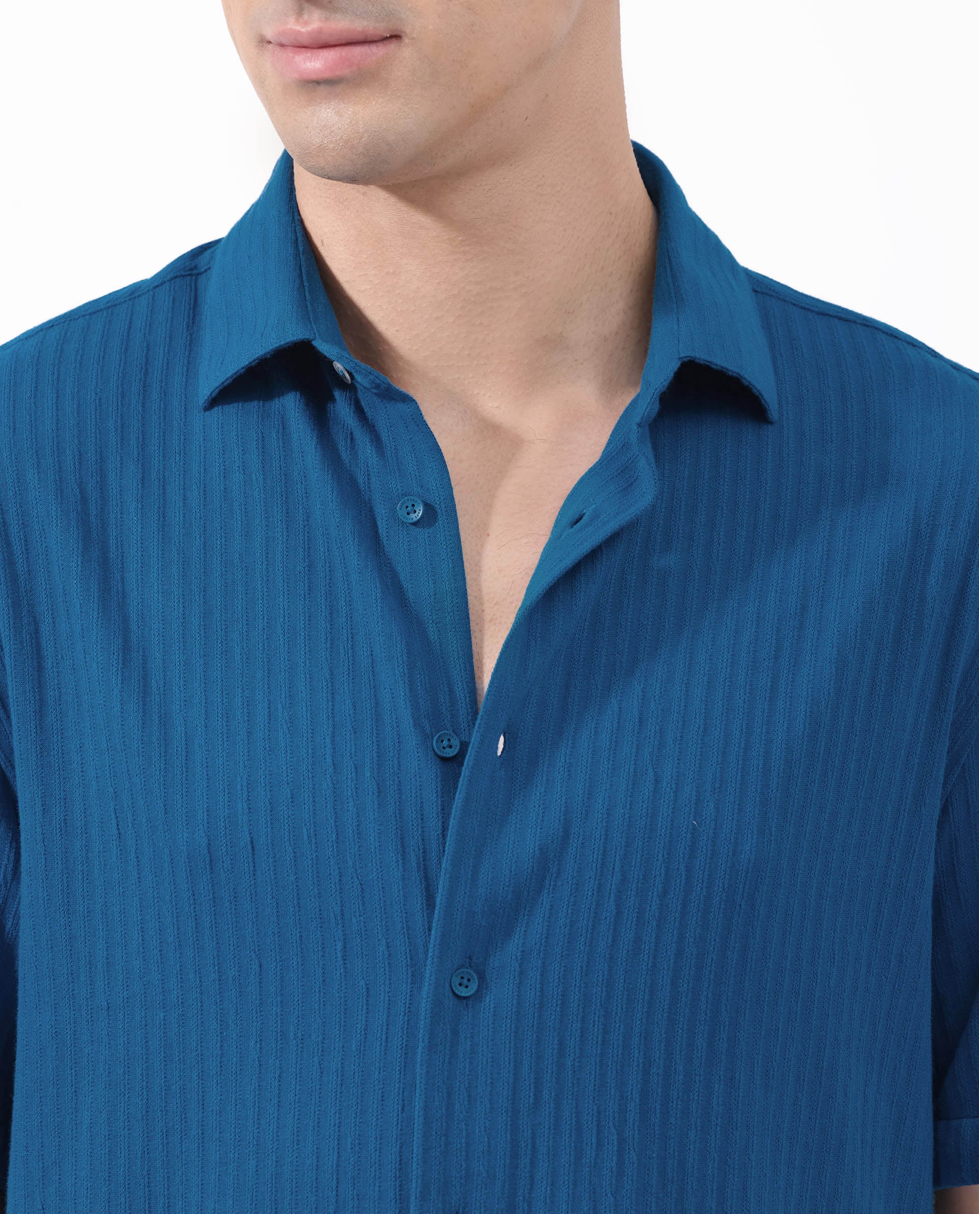 Rare Rabbit Men's Tano Blue Cotton Blend Textured Boxy Fit Half Sleeve Collared Shirt - Image 5
