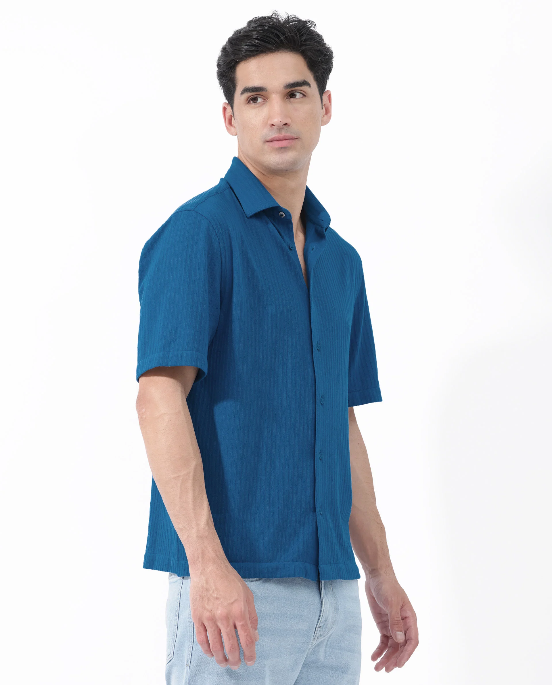 Rare Rabbit Men's Tano Blue Cotton Blend Textured Boxy Fit Half Sleeve Collared Shirt - Image 6