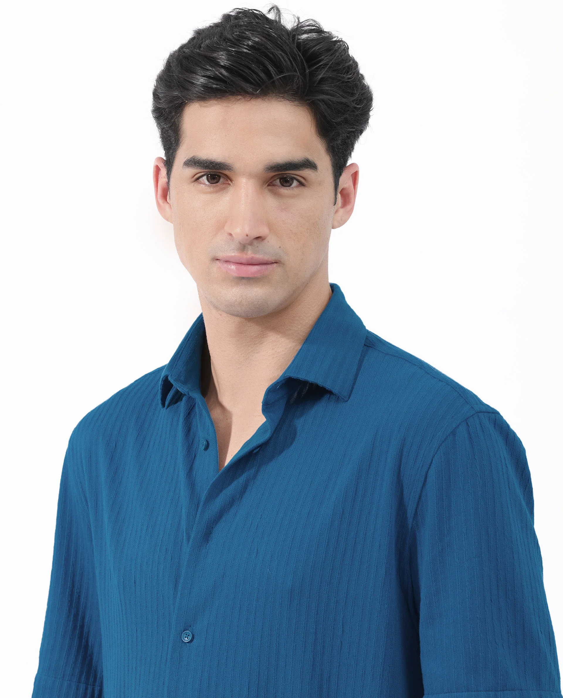 Rare Rabbit Men's Tano Blue Cotton Blend Textured Boxy Fit Half Sleeve Collared Shirt - Image 7